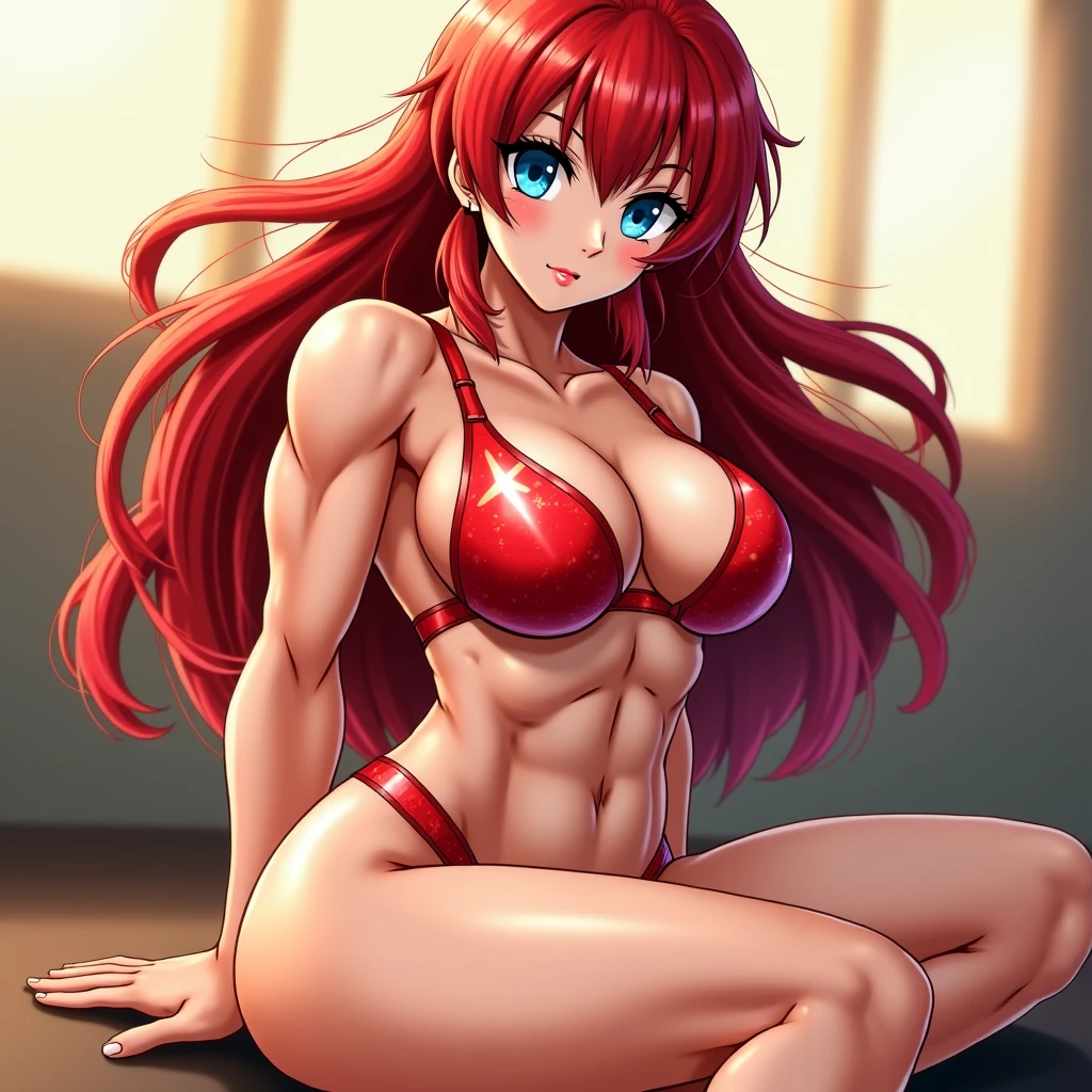 master piece、Top Quality、1 girl in、(Stella Vermillion)、Ligature bracelet、muscular thighs, muscular belly, wide hips, (very thin waist), large breasts, very hard breasts, standing breasts, very hard nipples, (((sitting on the chair facing me with her legs crossed))), wearing red shoes with high heels scene), very hot, well-manicured hands, red nails, well-done red manicure with lots of details, {{{ wearing a well-made, short and very sexy bikini}}}, eye reflection, outstretched eyes, (red eyes), lonely, Pouting, anime, anime style, Luminous lighting, ray tracing, panorama, Nikon, Udisk hard, piece masterful, precise, anatomically correct, textured skin, Super Detail, high quality, best quality, ultra high resolution, Hard Udisk, 16k