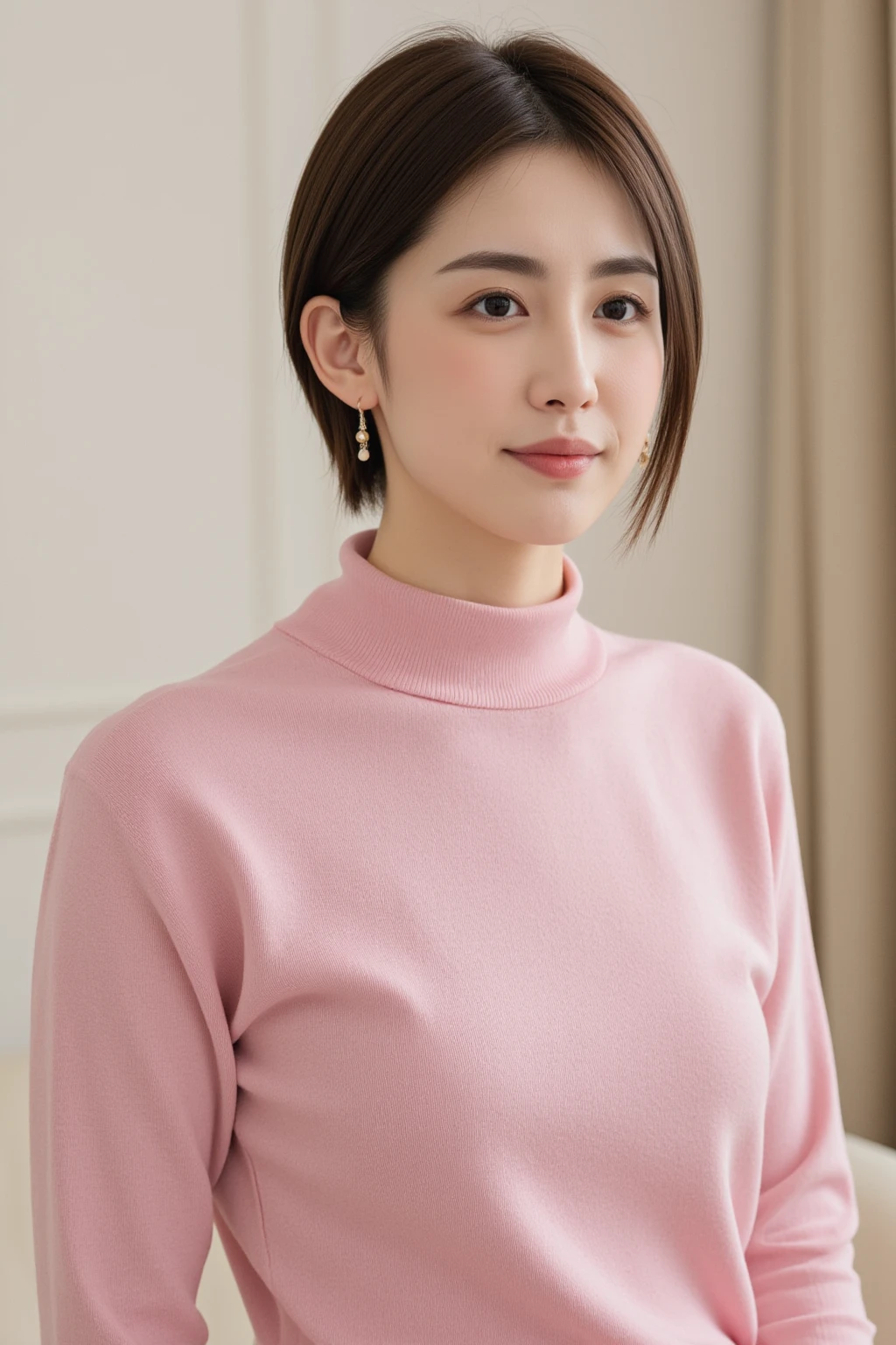 Best-quality, Masterpiece, Ultra-High-Resolution, (Photorealistic:1.4), Raw-Photo, Extremely-Details, Perfect-Anatomy, 1girl, 30-years-old, the most popular Japanese actress, upper-body-shot, (((wearing light pink knitted turtleneck sweater and black pleated skirt))), looking at viewer, beautiful smile, extremely beautiful face like a most famous Japanese actress, extremely beautiful big black solid circle eyes, (extremely beautiful black short-cut-haired), extremely beautiful lips, extremely beautiful white skins, extremely beautiful big breasts, extremely beautiful body, extremely beautiful thighs, detailed white knitted turtleneck sweater, detailed black pleated skirt