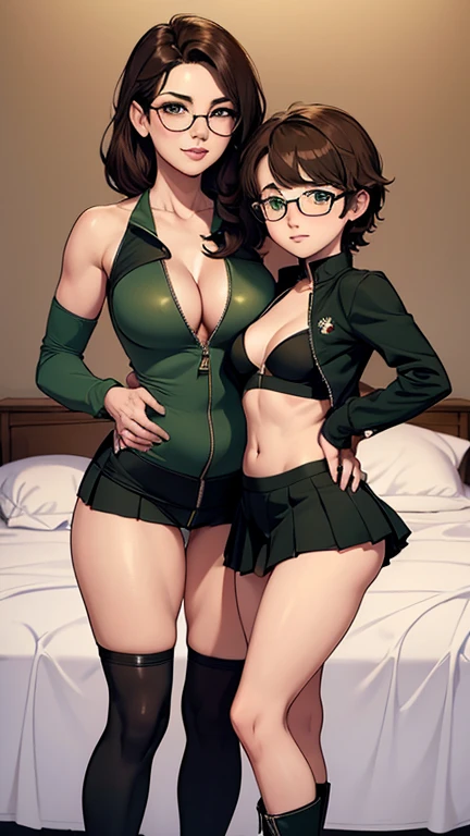 Mom and son, 1girl seducing 1boy, masterpiece, best_quality, highres, 4k image, intricate details, absurdes, vintage comic-style, girl in boring expression, woman 22-years-old with 8-years-old-boy, happy, ((naughty_mood)), ((big rounded glasses)), large eyes, straight_hair:0.5, brown haired, bangs, ((green jacket, unzip)), colossal cleavage, arms behind back, pleated miniskirt, perfect legs, black boots, ((plain_background:1.3)), wide angle view,sexy mom seducing son at home,