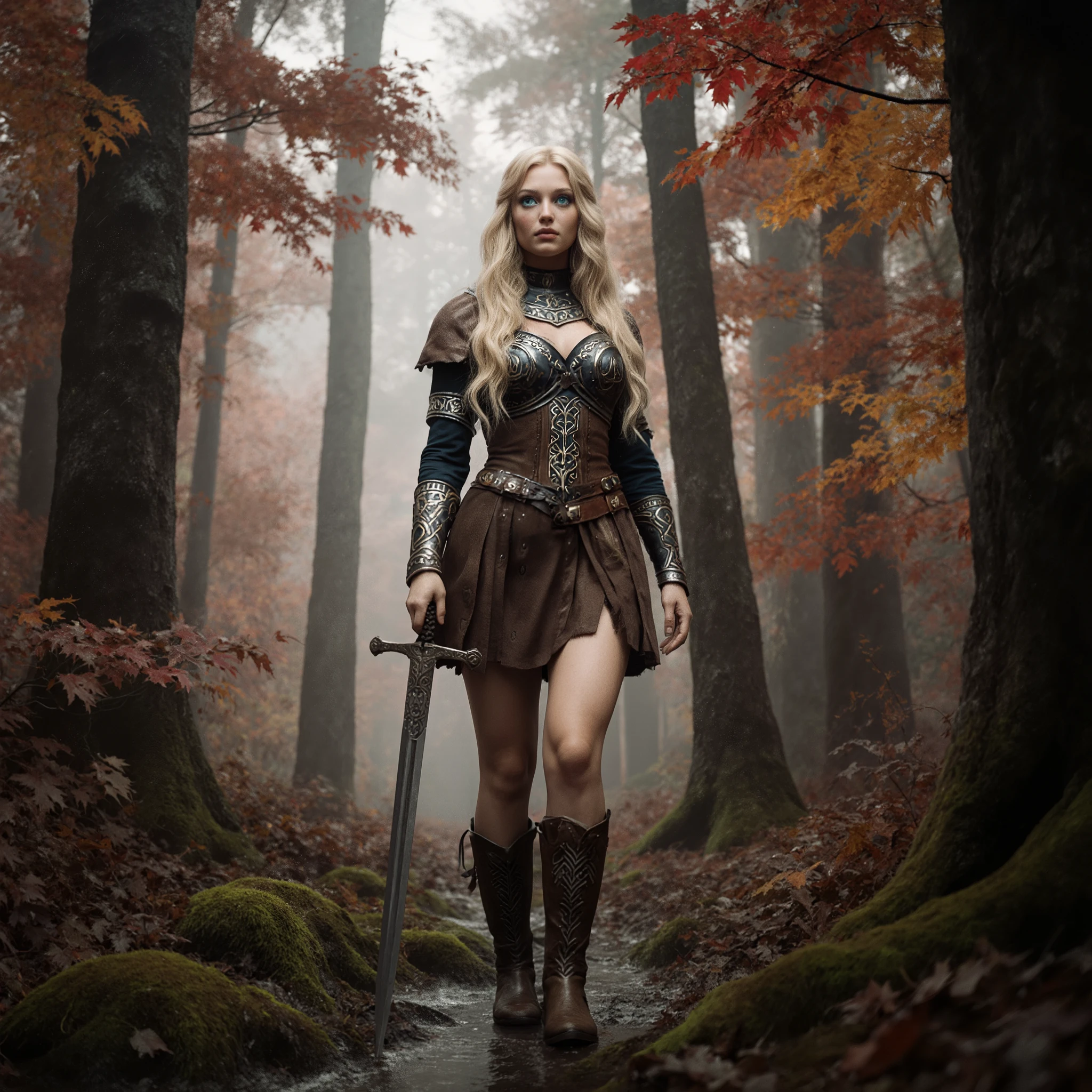 RAW, 8K UHD, ultra-realistic , photorealistic , dramatic scene , shadow , soft light, Norse woman, beautiful, glowing complexion, long golden blonde hair, large blue eyes, pretty feminine eyes, detailed face, busty body, thicc curves, toned muscles, large chest, curvy hips, thicc and athletic legs with leaned muscles, detailed body, Viking battle attire, short brown skirt above the knee, close to abdomen, intricate Norse symbols, accentuated legs, boots, Norwegian forest, autumn forest, wet ground, tall trees, detailed trees, hues of red, orange, brown and yellow leaves, detailed leaves, detailed background, holding her sword with serenity and focus as she senses hidden dangers lurking in the forest. A quiet and aesthetic moment of a Norse woman in stoic battle mode.