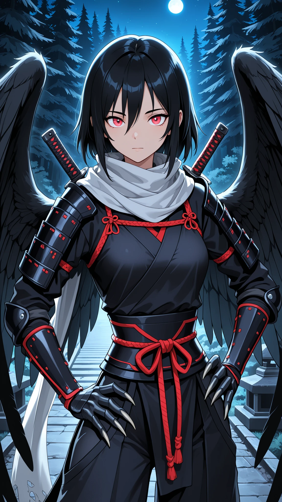solo, female, harpy girl, wings on back, black Japanese armor, night, close up, wings, tengu girl, black wings, hand on hip, black scaled hands, claws, talon hands, short sword, light red eyes, short black hair, massy hair, pine forest, relaxed pose, wings, wings on back, ninja, light armor, slim waist, beautiful, temple, hand on hip, tori gate, huge silk scarf, looking at viewer, short, small female, cute, mysterious and imposing