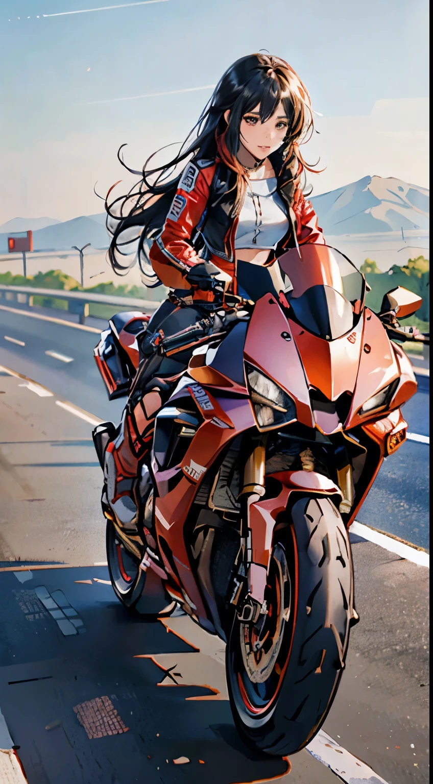(Best Quality,4K,High resolution), high-level image quality、High quality pixels、Resolution up、Female rider riding motorcycle on national highway、Intricately decorated red rider jacket、Navel Ejection、Tight leather pants、cross belt、Long hair with red highlights on black hair、Drift Metallic Red Bike、Expresses a sense of speed and dynamism、Realistic depiction with delicate details、sharp eye、Full body projection