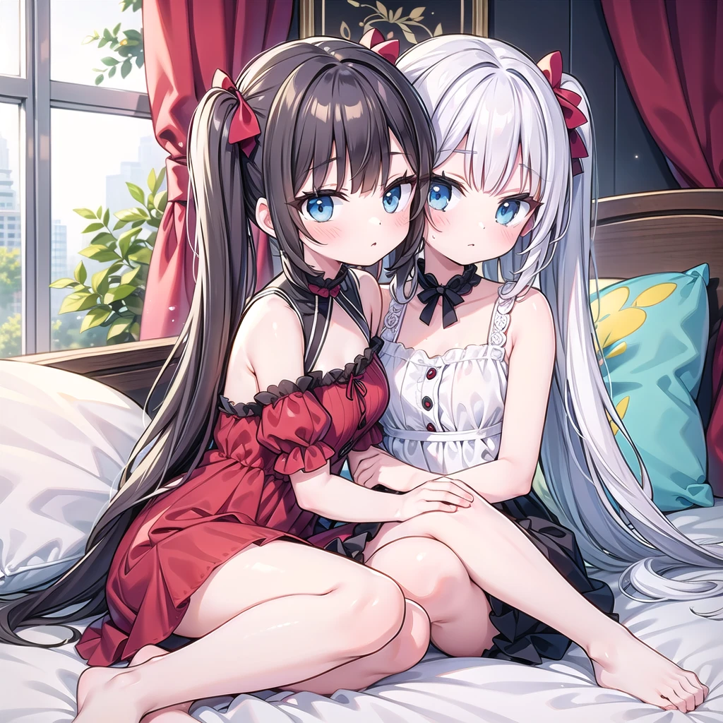 red blush、white  hair、red eyes、Beautiful girl alone、and souls、solo、s Pajamas、a bed、lonely