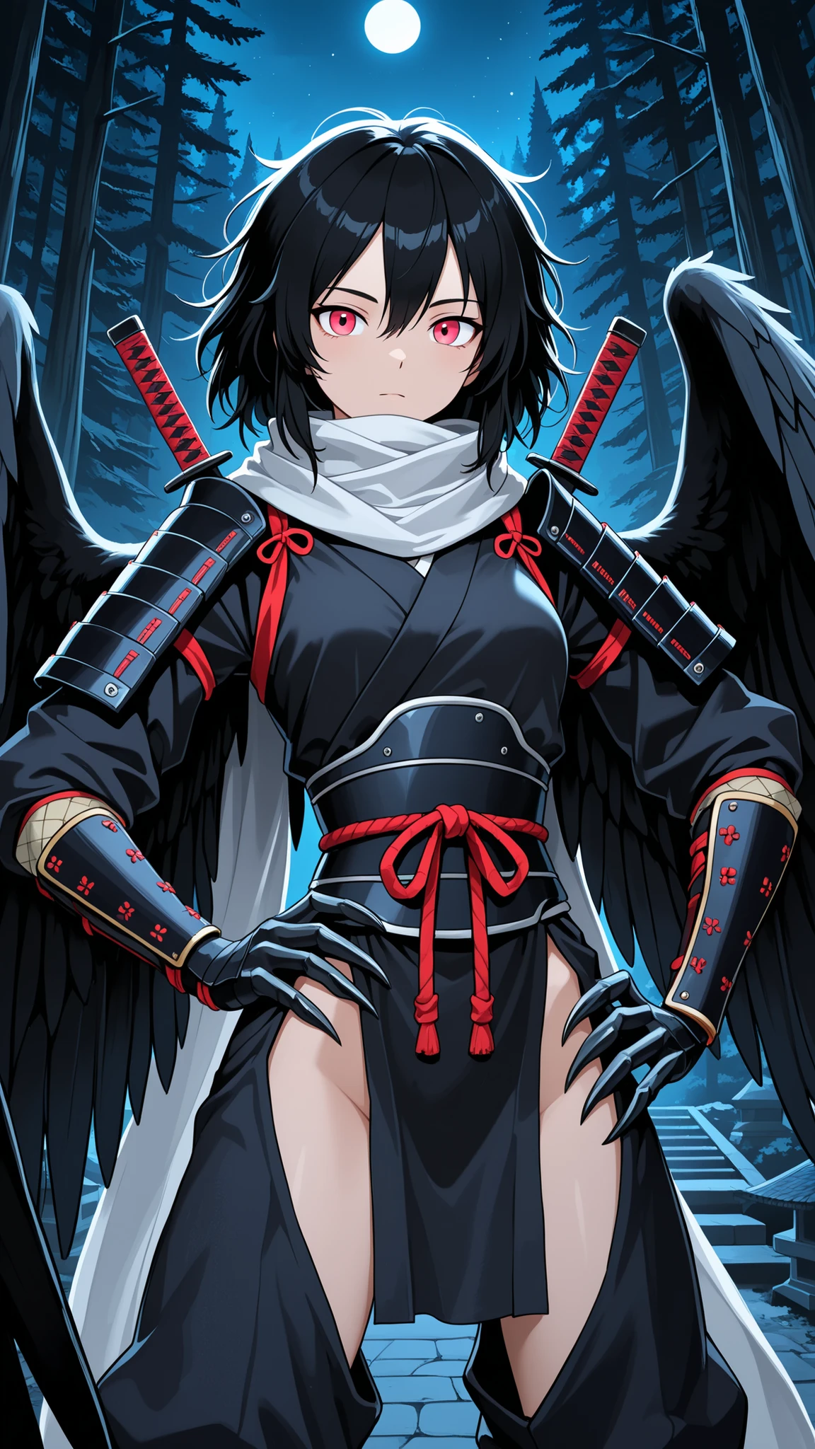 solo, female, harpy girl, wings on back, black Japanese armor, night, close up, wings, tengu girl, black wings, hand on hip, black scaled hands, claws, talon hands, short sword, light red eyes, short black hair, massy hair, pine forest, relaxed pose, wings, wings on back, ninja, light armor, slim waist, beautiful, temple, hand on hip, tori gate, huge silk scarf, looking at viewer, short, small female, cute, mysterious , imposing, messy hair