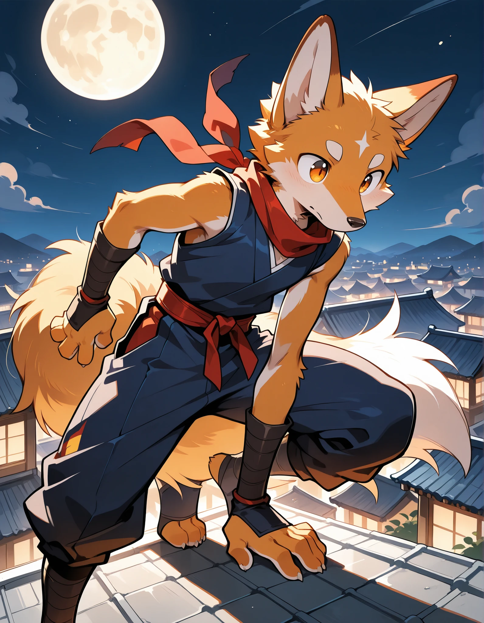 furry, male skinny fox, standing, round eyes, ninja, ninja outfit on, ninja clothes on, japan rooftop, neck tuff, cute, claws, handsome, full moon, night, dark, perfect, detailed, perfect body type, high resolution, anatomically accurate, detailed eyes, Best quality , 5 fingers, Ultra High Resolution, Delicate Eyes , Handsome, Takemoto Arashi, Handsome,delicate face, no elves, no sfw, no animals, no humans