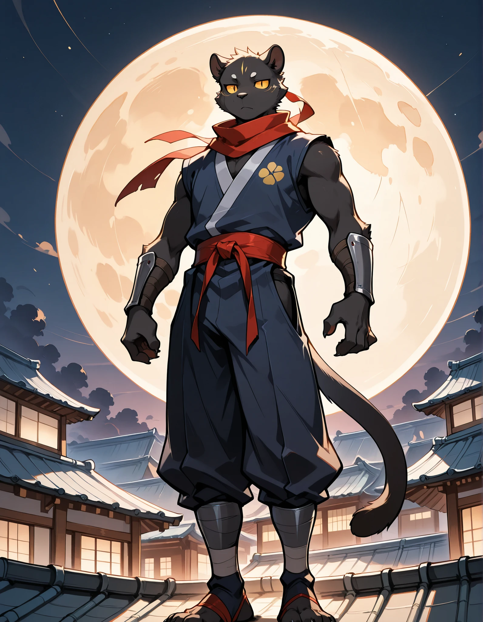 furry, male skinny black panther, standing, round eyes, ninja, ninja outfit on, ninja clothes on, japan rooftop, neck tuff, cute, claws, handsome, full moon, night, dark, perfect, detailed, perfect body type, high resolution, anatomically accurate, detailed eyes, Best quality , 5 fingers, Ultra High Resolution, Delicate Eyes , Handsome, Takemoto Arashi, Handsome,delicate face, no elves, no sfw, no animals, no humans