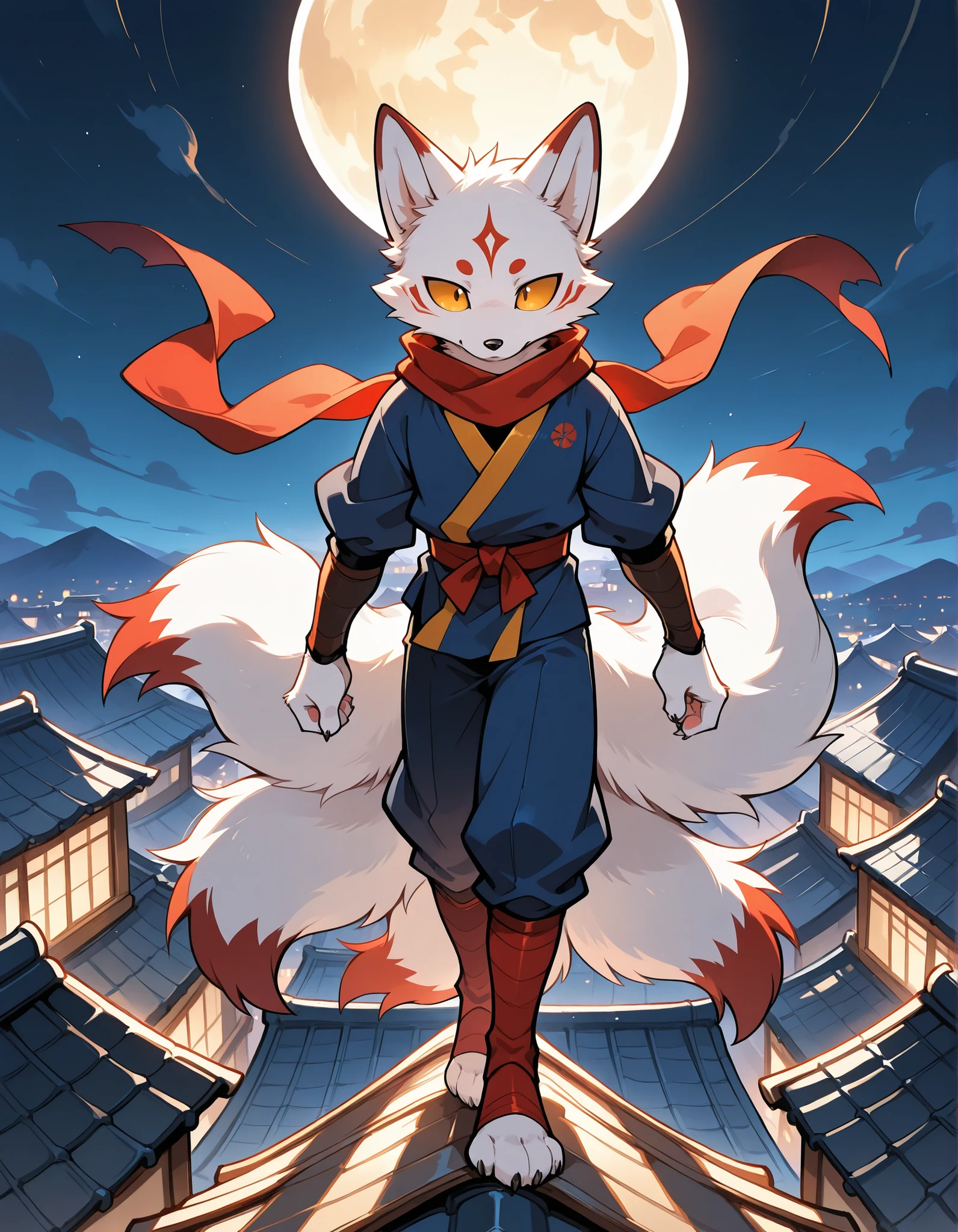 furry, male skinny nine-tailed fox, nine tails, standing, round eyes, ninja, ninja outfit on, ninja clothes on, japan rooftop, neck tuff, cute, claws, handsome, full moon, night, dark, perfect, detailed, perfect body type, high resolution, anatomically accurate, detailed eyes, Best quality , 5 fingers, Ultra High Resolution, Delicate Eyes , Handsome, Takemoto Arashi, Handsome,delicate face, no elves, no sfw, no animals, no humans