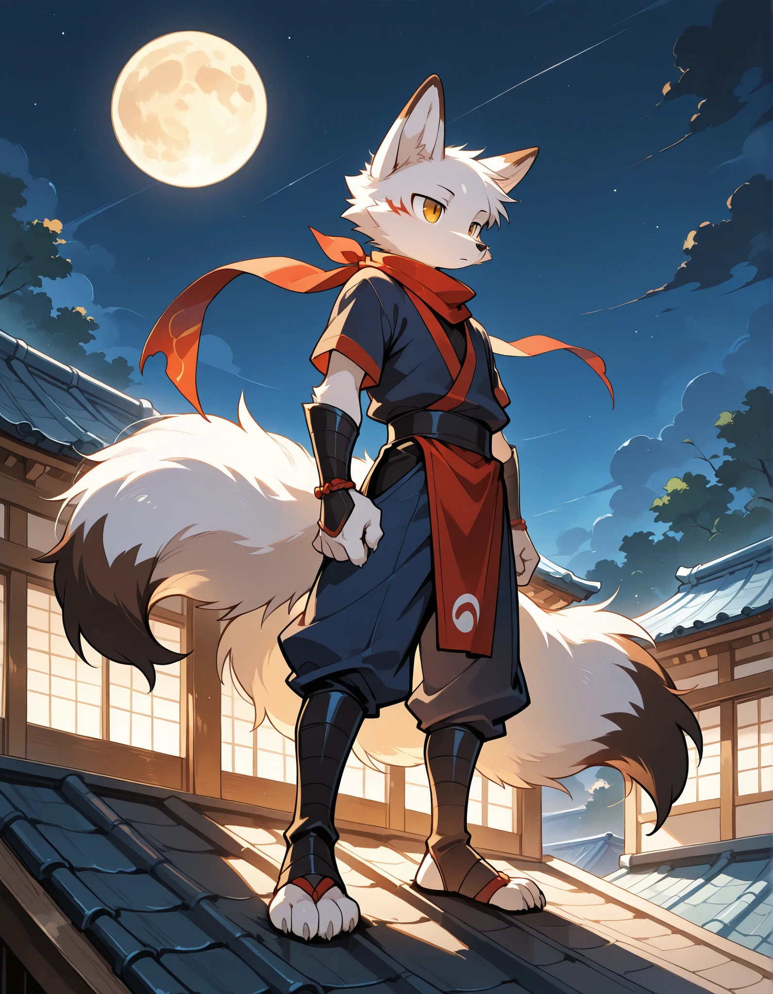 furry, male skinny nine-tailed fox, nine tails, standing, round eyes, ninja, ninja outfit on, ninja clothes on, japan rooftop, neck tuff, cute, claws, handsome, full moon, night, dark, perfect, detailed, perfect body type, high resolution, anatomically accurate, detailed eyes, Best quality , 5 fingers, Ultra High Resolution, Delicate Eyes , Handsome, Takemoto Arashi, Handsome,delicate face, no elves, no sfw, no animals, no humans