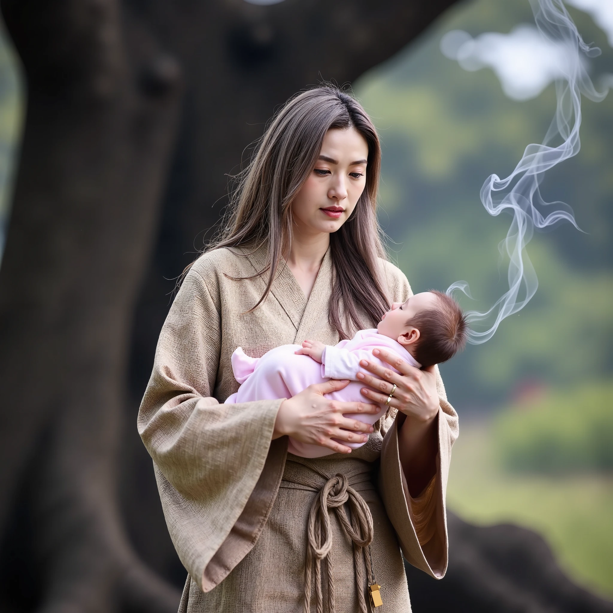 Nana,[Deity] Samshin Halmoni — Goddess of Life and Birth. A divine and matronly shaman goddess of fertility and childbirth, Samshin Halmoni is shown with long, graying hair flowing like river reeds, her body wrapped in woven hemp robes with birch bark charms. Her hands bless a newborn beneath the cosmic tree, while ancestral spirits swirl in the smoke of mugwort and pine incense. Tags: RAW, 8K UHD, masterpiece, Korean goddess, ancient midwife spirit, shaman aesthetic, fertility goddess, tribal matron, ritual birth, hemp robe, mugwort smoke, cosmic tree, divine elder, nature-based ritualism.