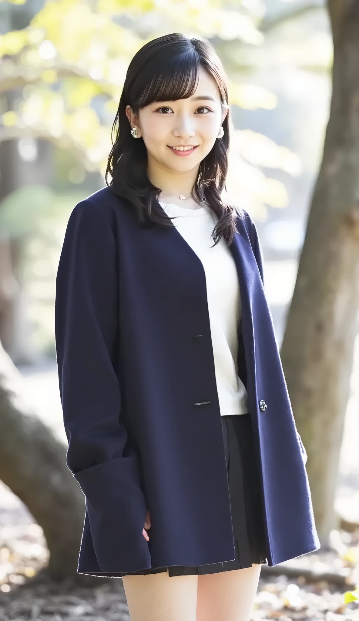 live-action、shot with a Canon EOS R5, 50mm lens, f/2.8 apertur、(masterpiece,best quality:1.4)、Highest Quality、ultra high definition、8K、school、what a high school girl looks like、uniform、Emphasize the cleavage,Seductive pose、front view、Full body photo、sitting on a chair、(poses that accentuate cleavage:1.5)、(Smile Yan:1.5)、black haired 、straight semi-long、has bangs、slender body、(large :1.3), black pleated skirt、miniskirt、dark blue high socks、black loafers、nsfw,(skirt lift:1.3),(white pantie:1.1), showing off panties,hugging own legs,white panties,cameltoe,