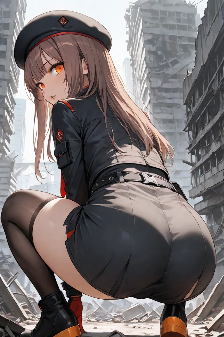(best quality,absurd res:1.3),(warm lighting,:1.1),(bokeh photography:1.2),1girl,(bashful:1.3),city,(hip focus,From Behind:1.3),From Below,squatting,
 <lora:rapi by goofy ai:0.8> rapi nikke, red eyes, long hair, brown hair, black leotad,beret,black hat,red necktie, black jacket, swimsuit, one piece swimsuit, highleg,
