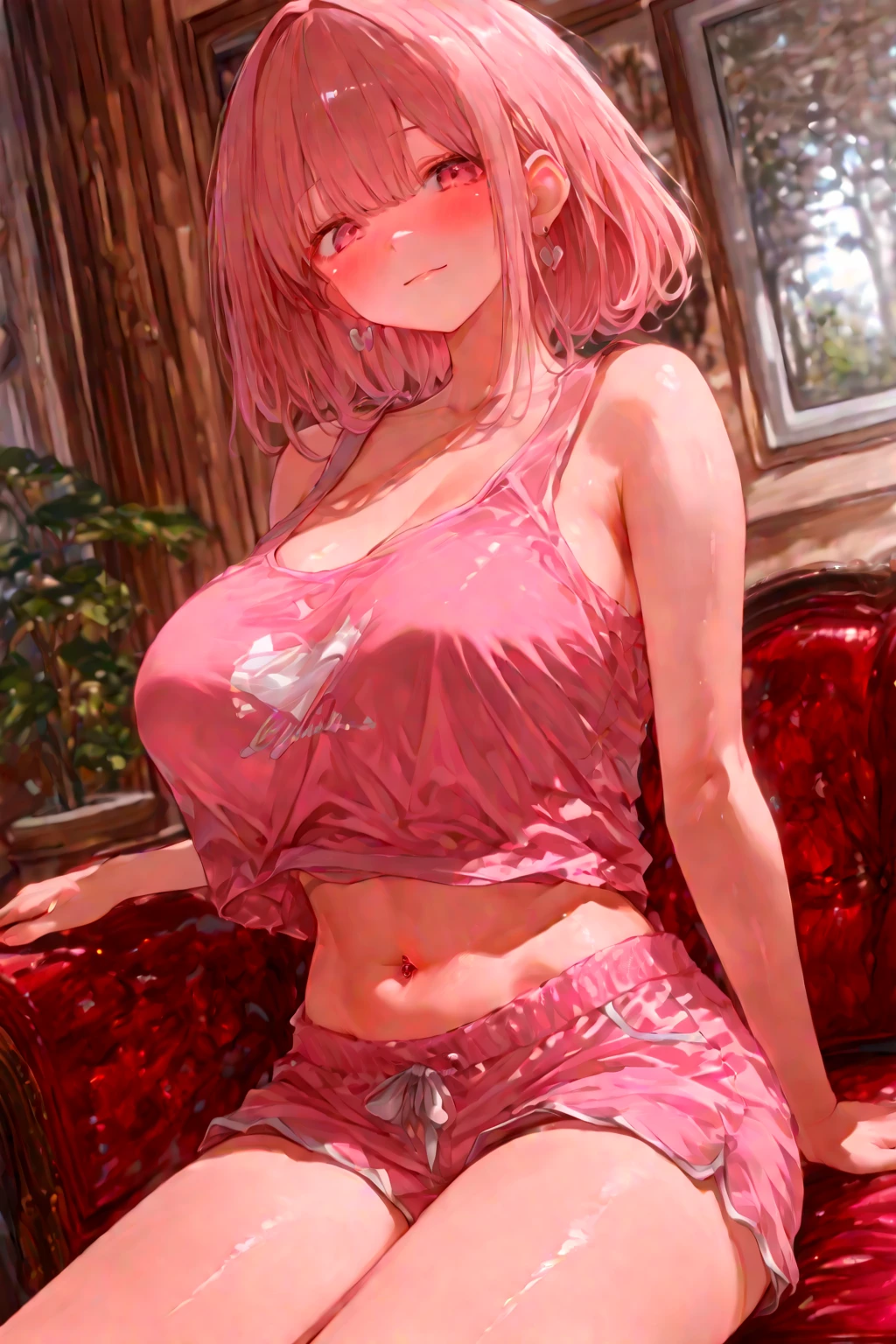 1 girl, pink hair, big breasts, tay trai
