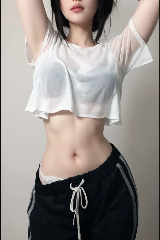 Highest quality, masterpiece, High resolution, 8K, (Realistic: 1.4), 超High resolution, 1 girl, Ultra-detailed, Surreal, High quality CG illustration, Official Art, Cinematic light, Reality, Young and beautiful girl, Perfect figure, Perfect figure, panoramic, Perfect body, (From below: 1.3), mask, Pause, Sexy long legs, have confidence、Beautiful sexy、Grey short sleeve、Opening the Abdomen,、Short jeans、S-shaped body、 Upturned hips、Assuming、Pause、Different perspectives