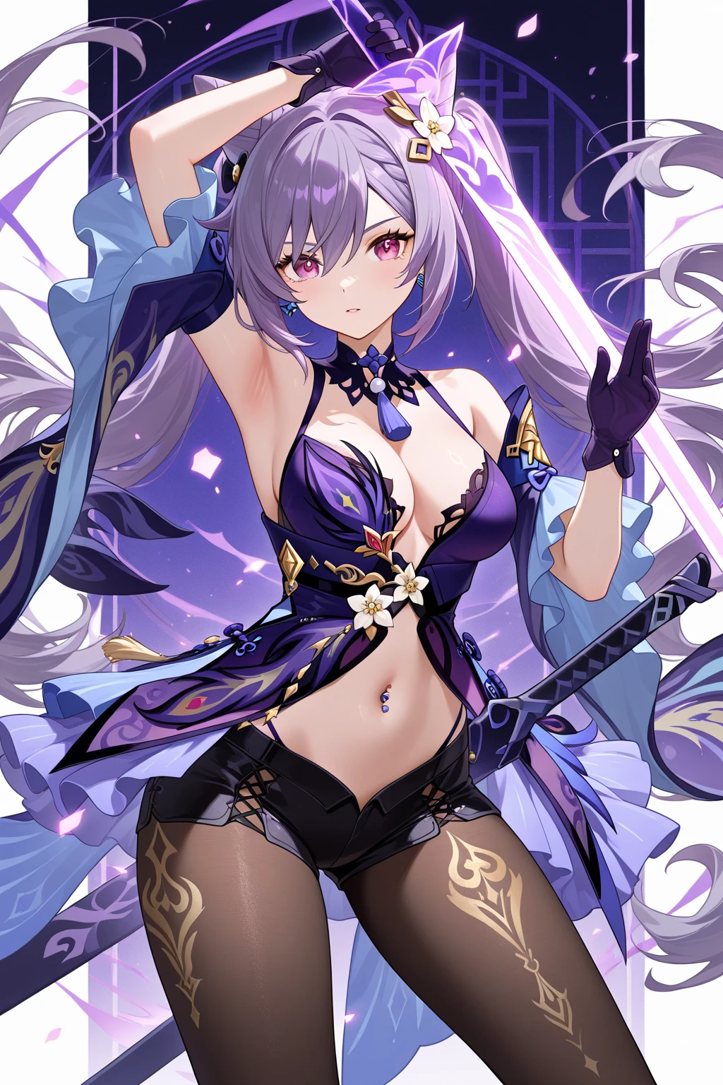1girl, sword, katana, weapon, breasts, long hair, sheath, solo, zoom layer, looking at viewer, purple eyes, unsheathing, large breasts, holding, wide sleeves, japanese clothes, holding sword, full body, hair ornament, cleavage, thighs, white dress, mole, long sleeves, very long hair, gloves, white hair, bangs, sheathed, black footwear, coatfull body, night sky, dark, stars, starry sky, milky way, lights, light particles, fairy, standing, <lora:ijnUnzenV1.0:0.8>, ijnunzen, one eye covered, smile, blushed