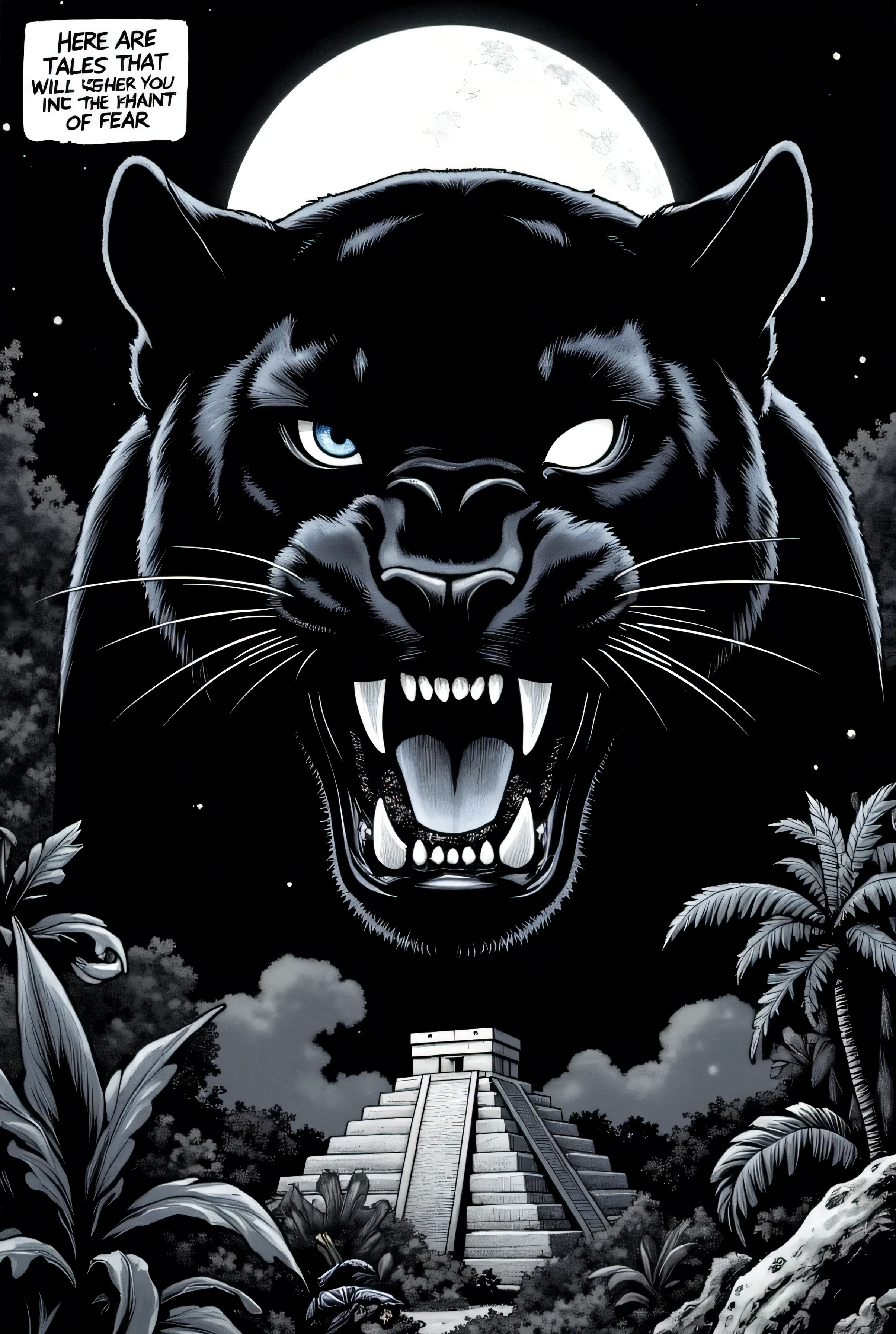 Realistic style image with an American comic book aesthetic. Black and white. Defined borders, cinematic shots, and high chiaroscuro contrasts. Proposal for a softcover, stapled comic book cover, a tribute to classic 1970s horror comics. Vertical composition. Realistic American horror comic style. Defined borders, black and white, expressive lines, high chiaroscuro contrasts, and grunge brushstrokes. Elements: Black sky from which a Mayan pyramid emerges from the jungle vegetation; a strange fog partially covers the pyramid. At the top, a double exposure shows the face of a furious black panther emerging from the black background as if it were all one: Against the black background, its expressive gaze and open jaws stand out in white. The full moon itself replaces one of its eyes. At the top, as a heading or title, a text on a white box: "Here are tales that will usher you into The HAUNT OF FEAR" with an expressive typography typical of classic horror comics.