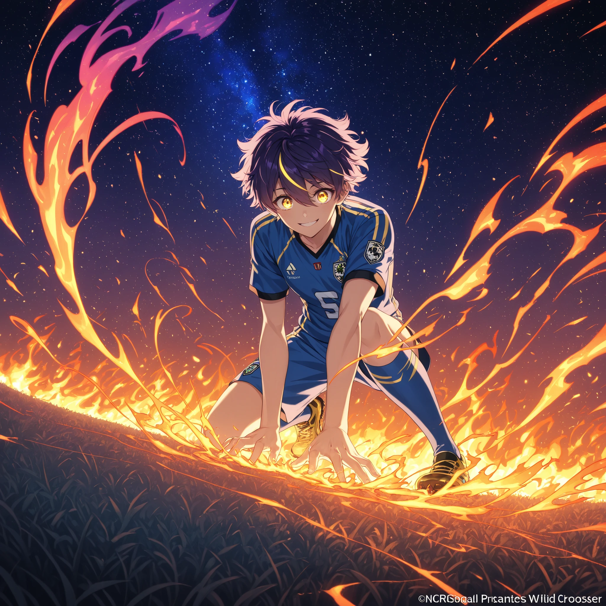anime style illustration of a vibrant soccer player dribbling, wild messy hair with bright highlights, golden shining eyes full of excitement, wide joyful smile, modern football uniform with glowing details, surrounded by colorful swirling energy strokes like cosmic flames, abstract starry sky background, dynamic motion, full body, vibrant neon colors (blue, orange, pink, purple), cinematic lighting, ultra detailed, anime Pinterest style, 8k HD
