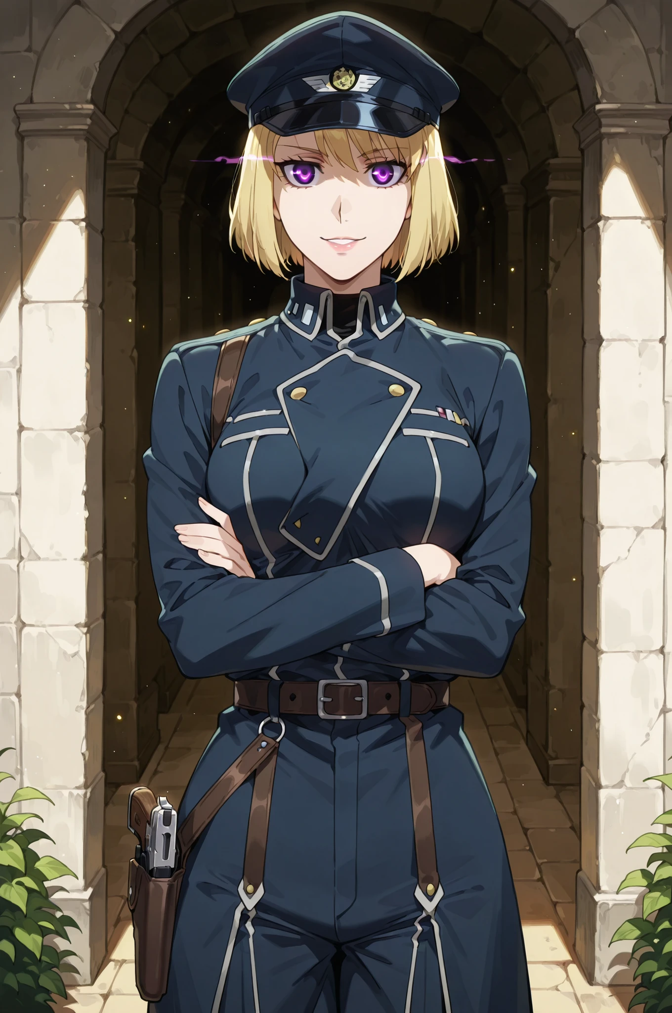 lazypos, 1girl, solo, looking at viewer, wideshot, from front, standing, detailed eyes, looking at viewer, shadow, ligh particles, full lips, thick lips, Inspiring, arms crossed, confident smile, confident expression,
cha hae-in, 1girl, blonde hair, medium breasts, violet eyes, short hair, glowing eyes, medium breasts, military, dark blue military uniform, dark blue uniform, dark blue military hat, greek garden background, leather belt with a holster for a pistol, riza hawkeye outfit,