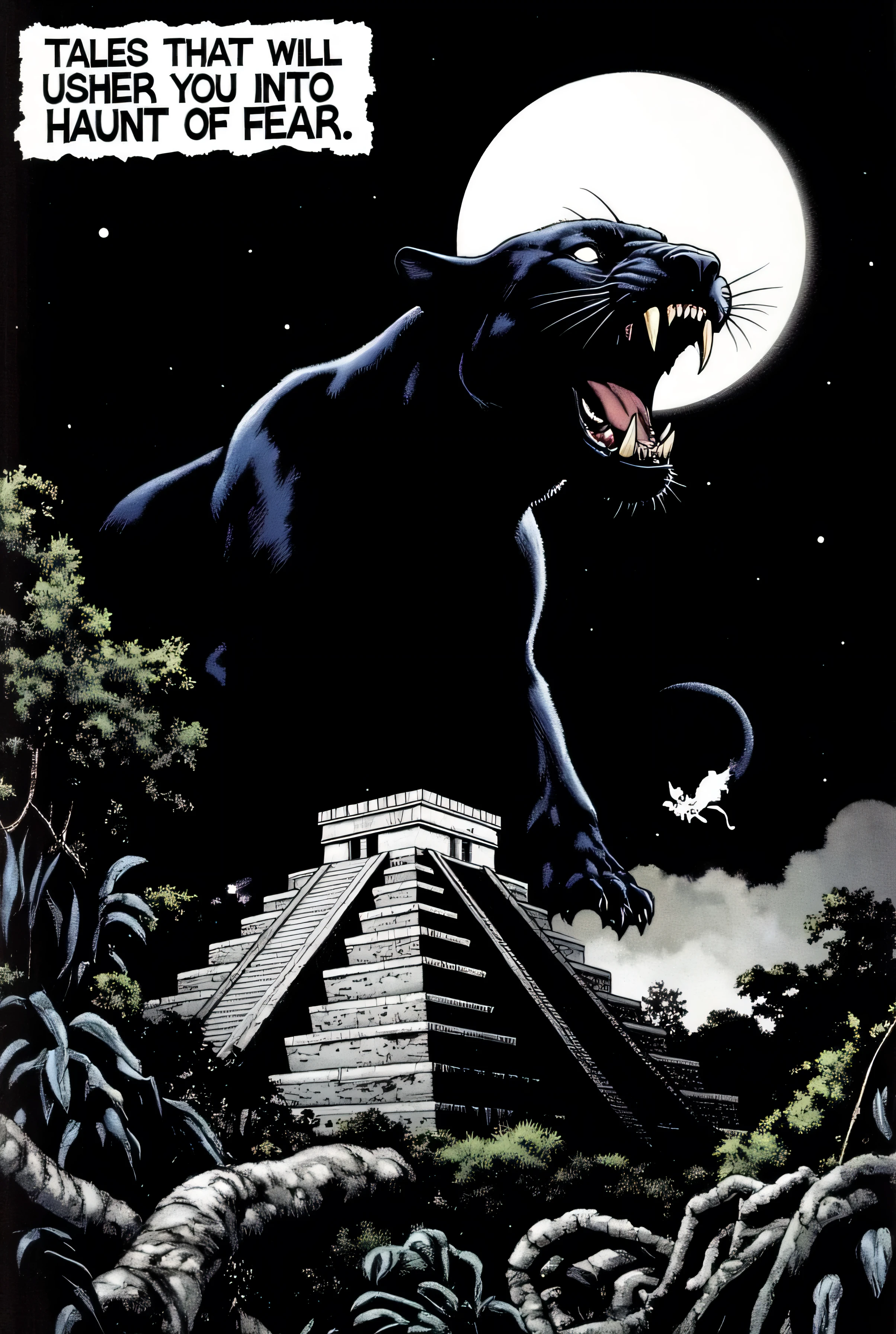 Realistic style image with an American comic book aesthetic. Black and white. Defined borders, cinematic shots, and high chiaroscuro contrasts. Proposal for a softcover, stapled comic book cover, a tribute to classic 1970s horror comics. Vertical composition. Realistic American horror comic style. Defined borders, black and white, expressive lines, high chiaroscuro contrasts, and grunge brushstrokes. Elements: Black sky from which a Mayan pyramid emerges from the jungle vegetation; a strange fog partially covers the pyramid. At the top, frontal view a double exposure shows the face of a furious black panther emerging from the black background as if it were all one: Against the black background, its expressive gaze and open jaws stand out in white. The full moon itself replaces one of its eyes. At the top, as a heading or title, a text on a white box: "Here are tales that will usher you into The HAUNT OF FEAR" with an expressive typography typical of classic horror comics.