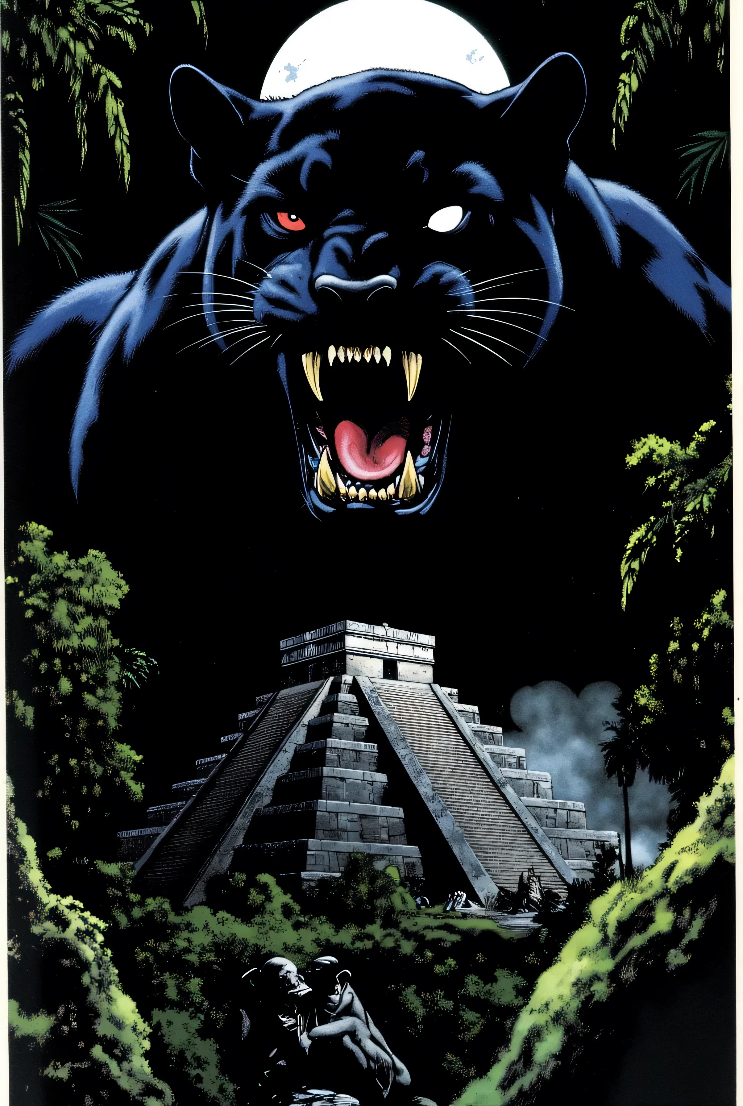 Realistic style image with an vintage American horror comic book aesthetic. Black and white. Defined borders, cinematic shots, and high chiaroscuro contrasts. Proposal for a softcover, stapled comic book cover, a tribute to classic 1970s horror comics. Vertical composition. Realistic American horror comic style. Defined borders, black and white, expressive lines, high chiaroscuro contrasts, and grunge brushstrokes. Elements: Black sky from which a Mayan pyramid emerges from the jungle vegetation; a strange fog partially covers the pyramid. At the top, a double exposure shows the face of a furious black panther emerging from the black background as if it were all one: Against the black background, its expressive gaze and open jaws stand out in white. The full moon itself replaces one of its eyes. At the top a text: "Here are tales that will usher you into The HAUNT OF FEAR" with an expressive typography typical of classic horror comics.