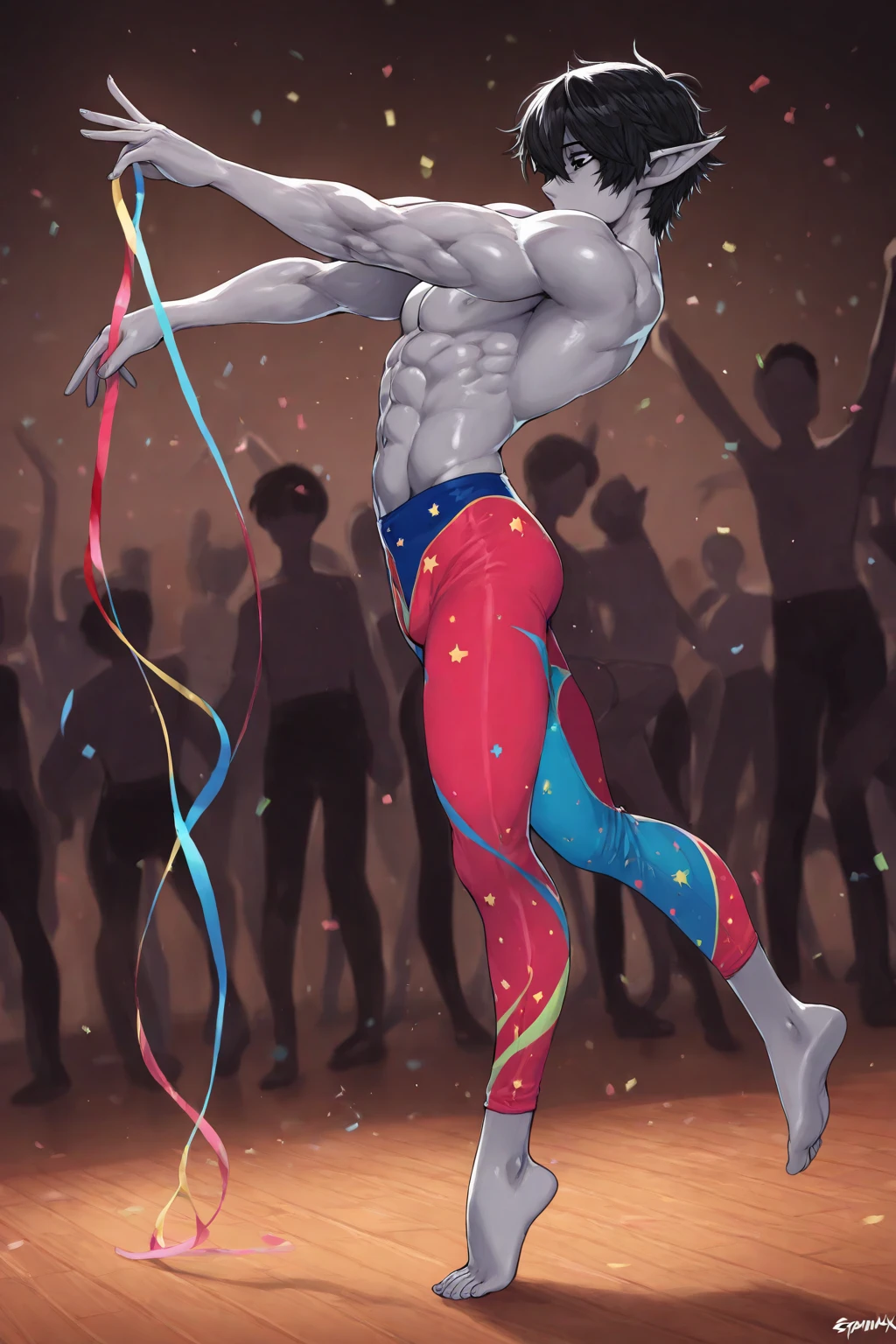 a striking portrait of blonde henry cavill, lean, freckles on his face, in a string thong, big butt, dynamic pose, confetti glitter sparkling big abstract background