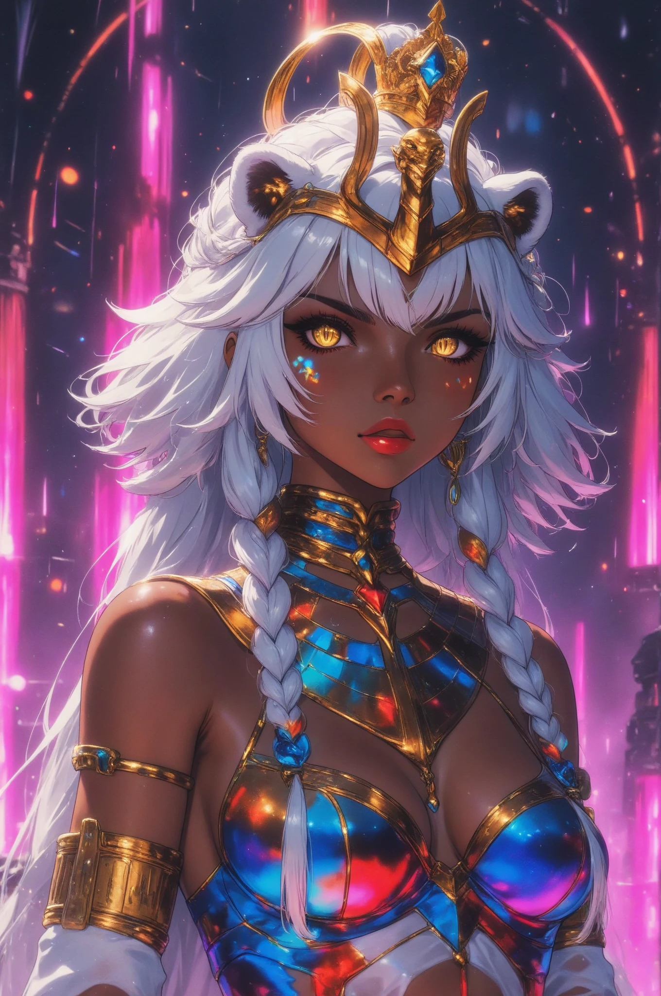 best quality,masterpiece,highly detailed,ultra-detailed,  1gril,portrait, upper body, 
Half-Shaved Head with Glowing Geometric Designs - Metallic Gold
Downturned eyes, aqua iris, curved eyebrows, light blue beautiful Detailed Eyes, parted lips, 
large breasts
Blouse , a loose-fitting top with a collar and buttons
 <lora:neg4all_bdsqlsz_V3.5:-1> <lora:racial-chang-slider:1.5>