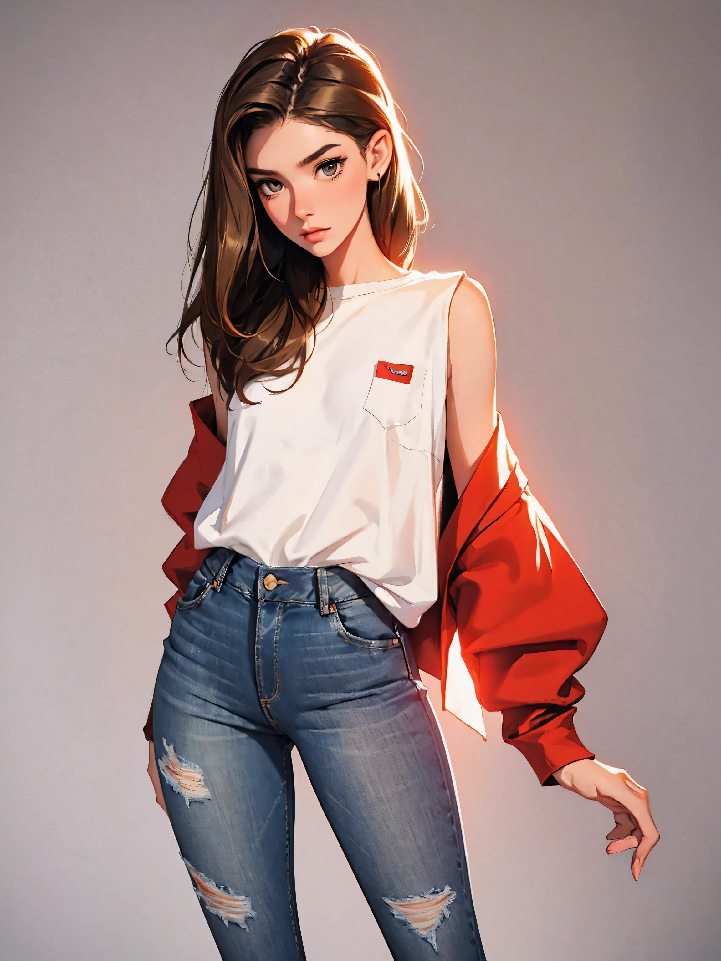 20 year old model, (only 1 girl),  beautiful,  brown hair, (shoulder length hair), , short glossy hair, gray eyes, beautiful figure, beautiful long legs, , top quality, highest quality, pin-up style, red shirt, white shirts,, dark makeup,  small , skinny, slender body, ,, ninjartist style, [Lena Anderson], gold jewelry, (shirt and jeans), model pose, hands oner head
