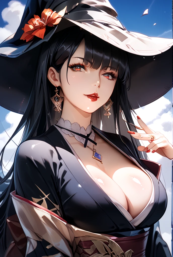Masterpiece, very detailed, ultra detailed, one, (1 woman), she is in a simple witch black dress, detailed black witch hat and in an elegant position, super mature, tall, milf, mature mother, long hair, straight hair, super black hair and straight bangs, beautiful, charming, black eyes, dark eyes, black nails, elegant, medium breasts (huge, torn), cheerful breasts, neutral face, charming, white background, dark atmosphere.