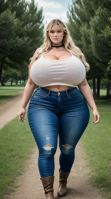 A thin woman with white hair, large breasts, thick thighs, wearing a formal blouse open at the front, without a bra, black jeans, white sneakers, leaning against a pair of shoes