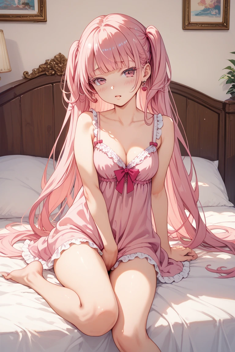 1girl, pink shoulder-long hair, translucent white dress, pink underwear, lying on the bed, legs spreaded
