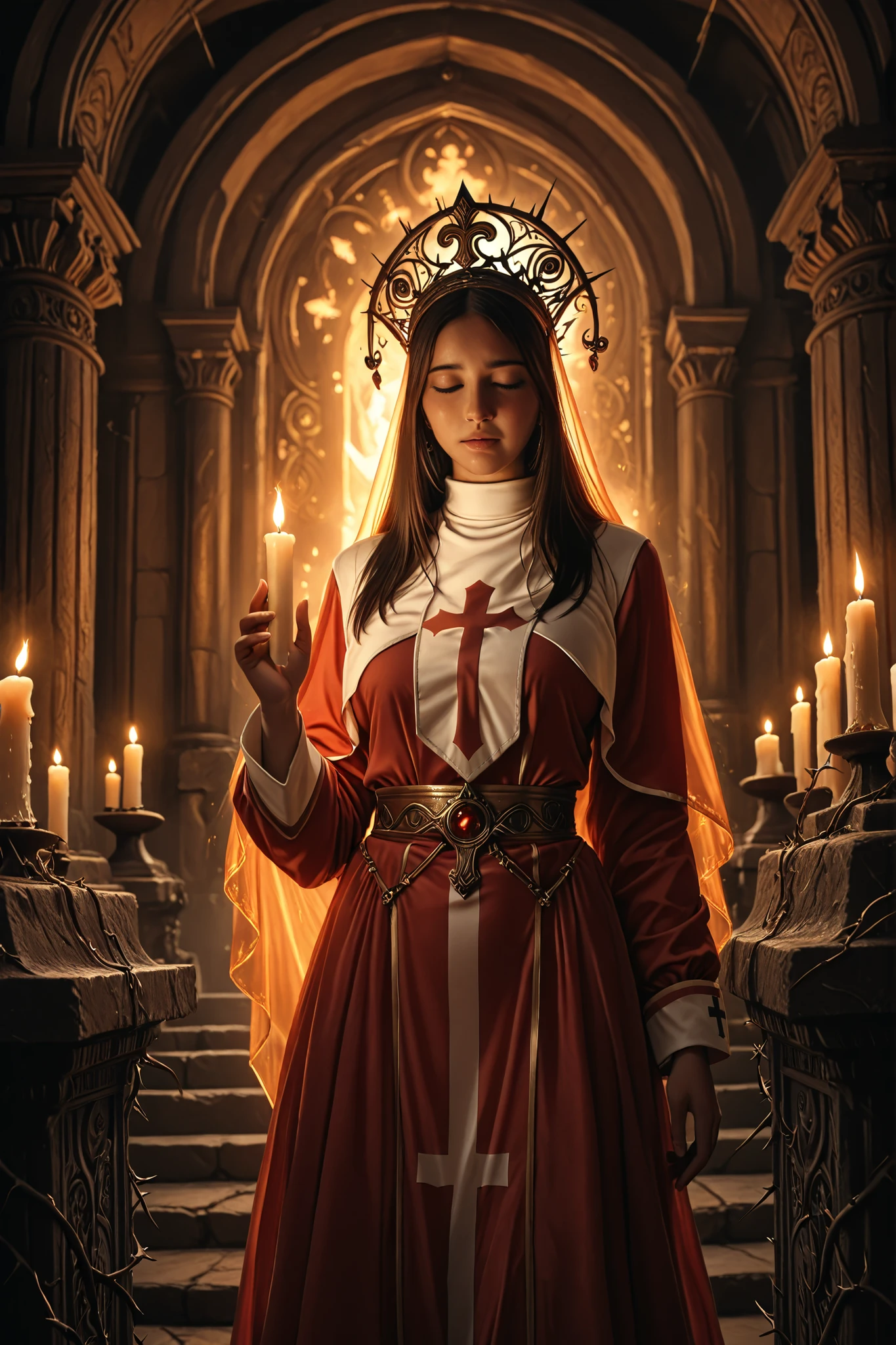 High Priest, Intricate Dress , elaborate headdress, gentle expression, Ceremonial Raised Hand, Mysterious Aura, Decorated Temple Interior, Glowing Candles, smoky vibe, fantasy art style, Digital Painting, 4K, with thorns Ultra Details, Photorealistic, Cinematic lighting, Warm color scheme, Dramatic Shadows