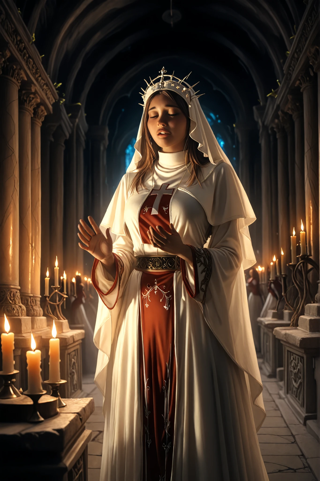 High Priest, Intricate Dress , elaborate headdress, gentle expression, Ceremonial Raised Hand, Mysterious Aura, Decorated Temple Interior, Glowing Candles, smoky vibe, fantasy art style, Digital Painting, 4K, with thorns Ultra Details, Photorealistic, Cinematic lighting, Warm color scheme, Dramatic Shadows