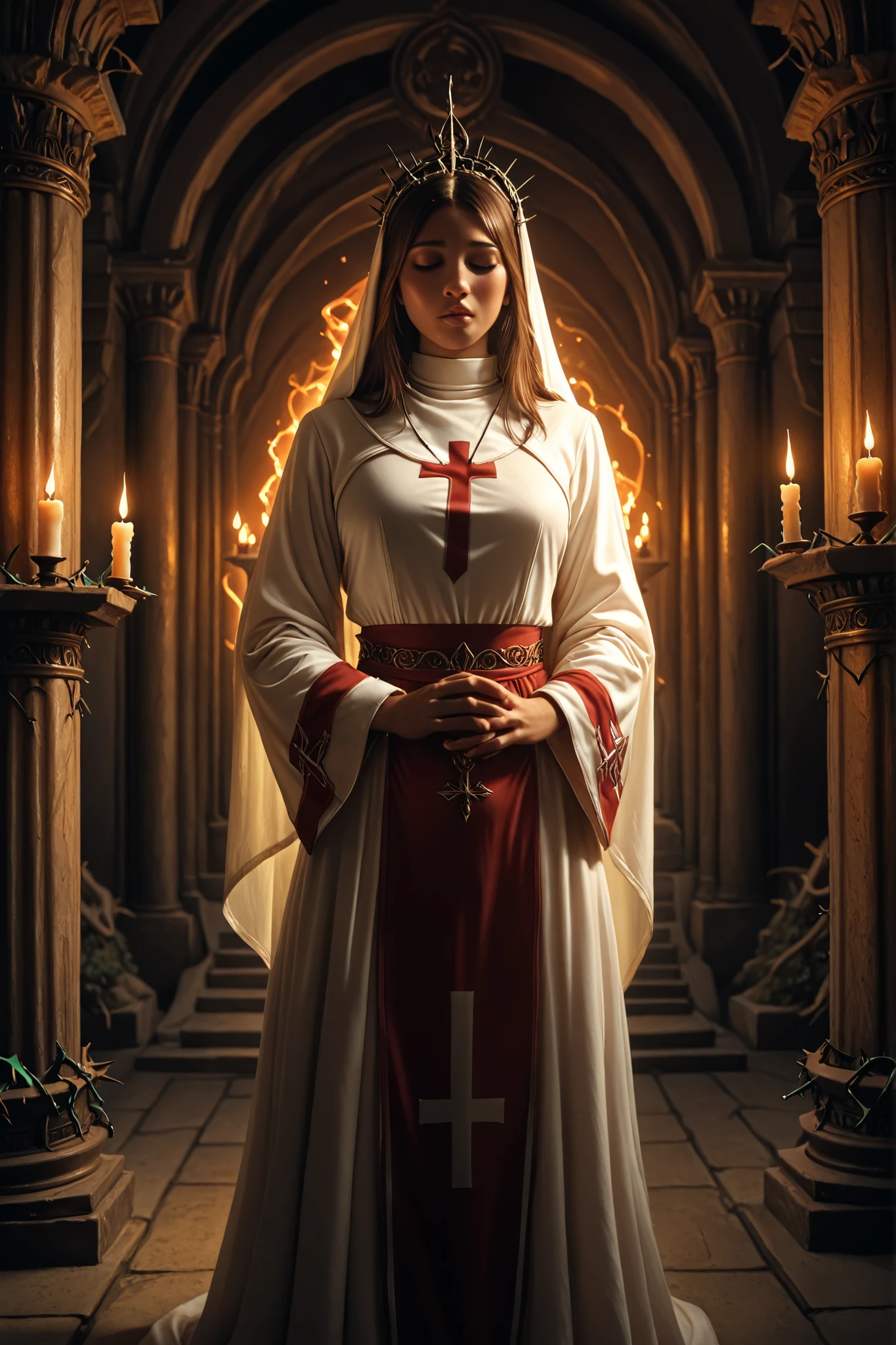 High Priest, Intricate Dress , elaborate headdress, gentle expression, Ceremonial Raised Hand, Mysterious Aura, Decorated Temple Interior, Glowing Candles, smoky vibe, fantasy art style, Digital Painting, 4K, with thorns Ultra Details, Photorealistic, Cinematic lighting, Warm color scheme, Dramatic Shadows