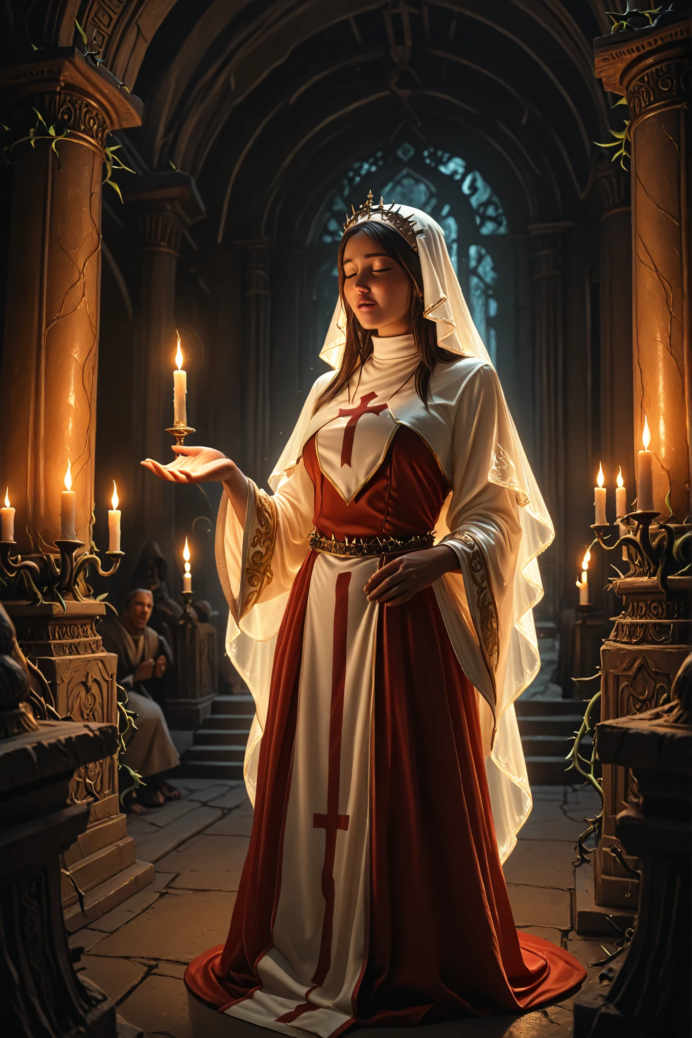 High Priest, Intricate Dress , elaborate headdress, gentle expression, Ceremonial Raised Hand, Mysterious Aura, Decorated Temple Interior, Glowing Candles, smoky vibe, fantasy art style, Digital Painting, 4K, with thorns Ultra Details, Photorealistic, Cinematic lighting, Warm color scheme, Dramatic Shadows