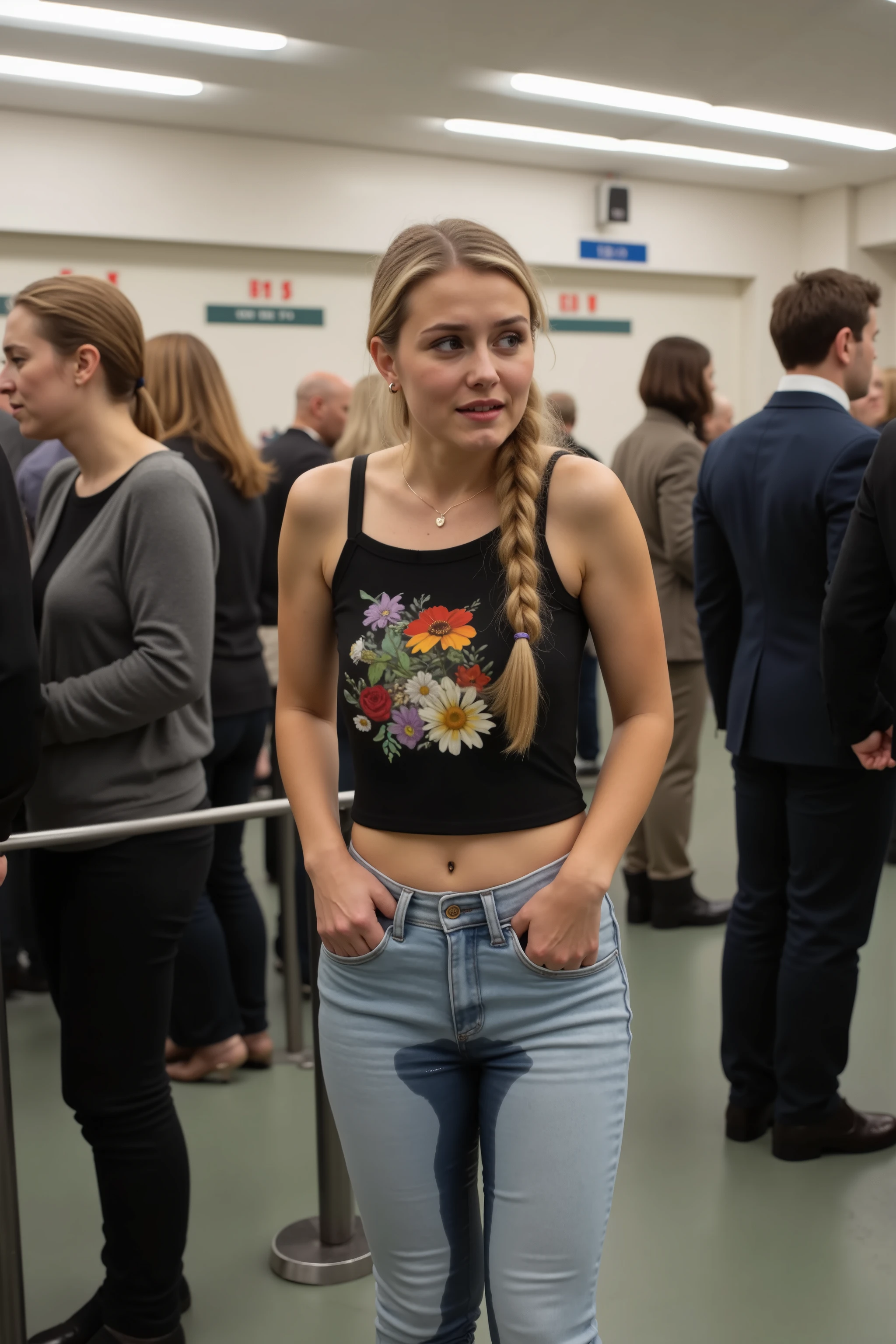8k high resolution, best quality, german supermodel girl, blonde hair as a braid, 20 years old, female college student, standing in long line for the women's bathroom, desperate to pee, visible need to pee, crying, smeared makeup, peeing her pants, cant hold it, pee pants accident, visible wet pants, peeing herself, horrified, visibly wet herself, peestained pants, visibly wet fabric on her pants, humiliated, looking around anxious, blushing, waiting in women's bathroom line