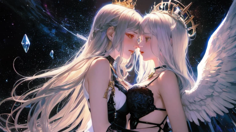 （（（highest quality、Masterpiece、Normal body、8k、Detailed face、Ultra-precision、Normal hand、Normal finger、５Finger、supreme）））Golden and silver hair、Princess、Gorgeous Dress、White and black skirt、Shiny Tiara、Hugging each other、Caressing each other、touch each other&#39;s breasts、Reaching for the crotch、Caress your、Moaning、Feel each other、Get horny、drown in pleasure、Showing off、Clothes come undone、Skirt lift、Kiss on the cheek