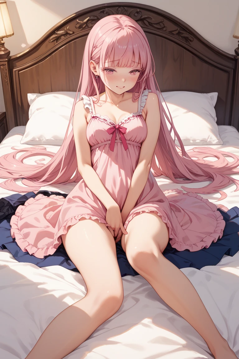 nsfw, top quality, masterpiece, highly detailed, 8k, pretty girl, sex, cowgirl, big tits, pretty pink hair, sleep dress, nipples visible, excited look, on bed, lying down, normal room, not unnatural bed