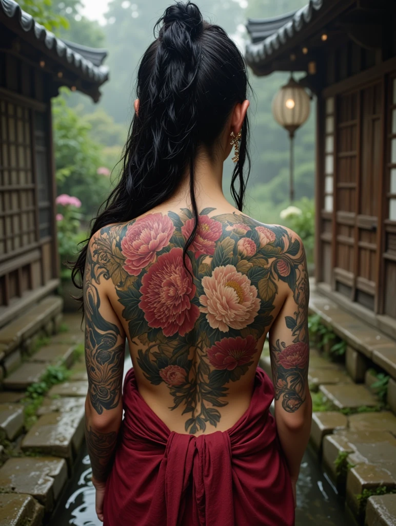 30 year old japanese woman and beautiful and masterpiece and best quality and TATTOO and IREZUMI and film grain