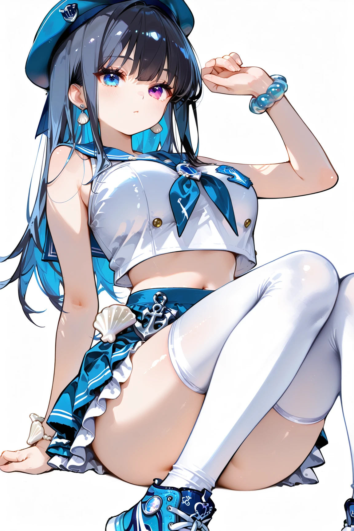 highest quality, masterpiece, High resolution, 一人in, {samidare_Fleet Collection:1.15}, (青hair), 長いhair, blue eyes, とても長いhair, 前hair, serafuku, sweep_前hair, No sleeve, smile, Slope_hair, Open_mouth, blush, colorful_hair, 1 girl, elbow_gloves, gloves, looking for_in_viewer, School_uniform, Thighhighs, black_Thighhighs, skirt lift, panties, bra, Striped underwear, flashy underwear, classroom background, squat,,((nsfw))