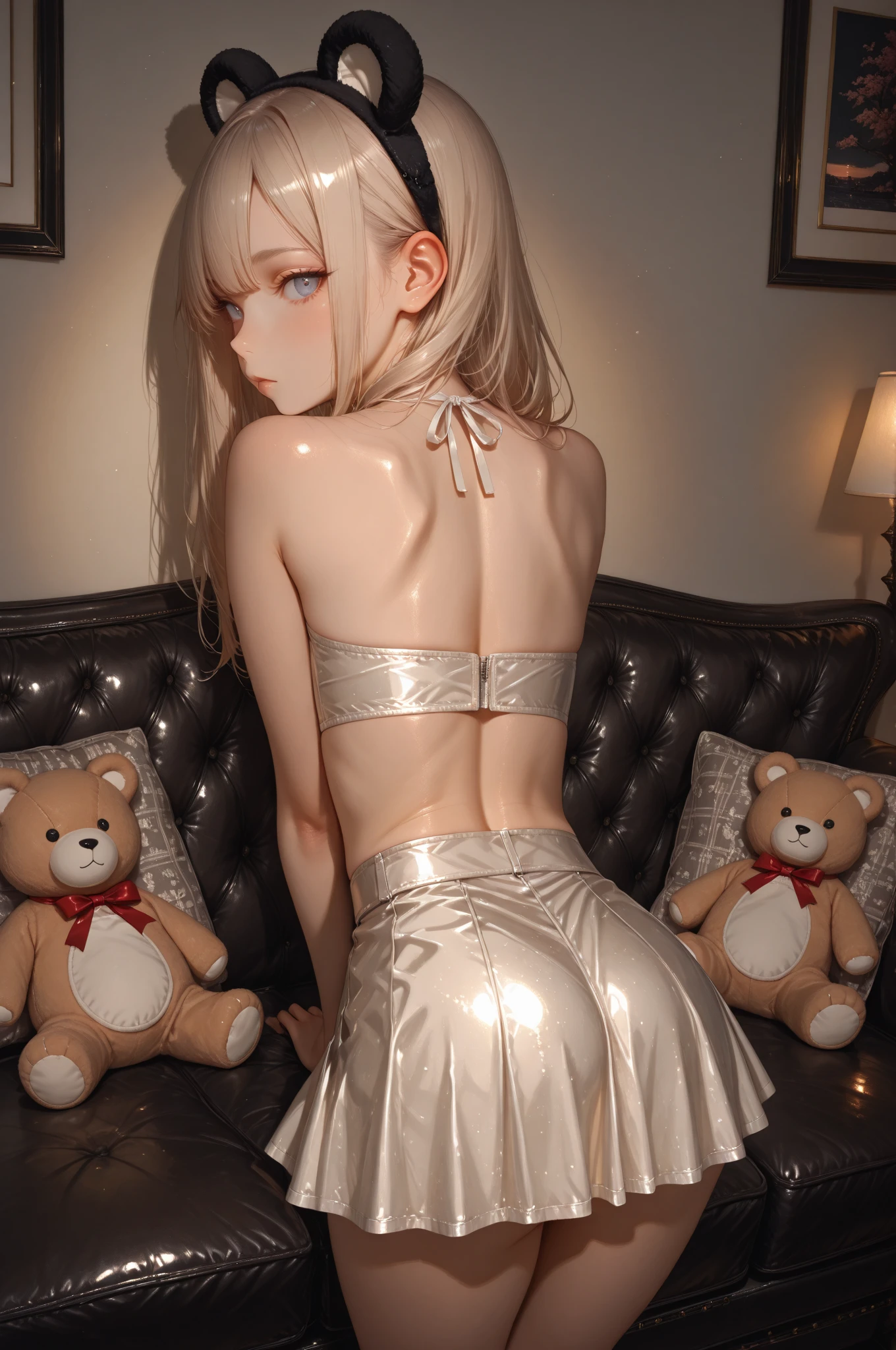 "a blonde-haired anime character, with red eyes, seated in a lotus position on a stage with a curtain backdrop, accompanied by a character portrait, psychedelic art, sketch color."