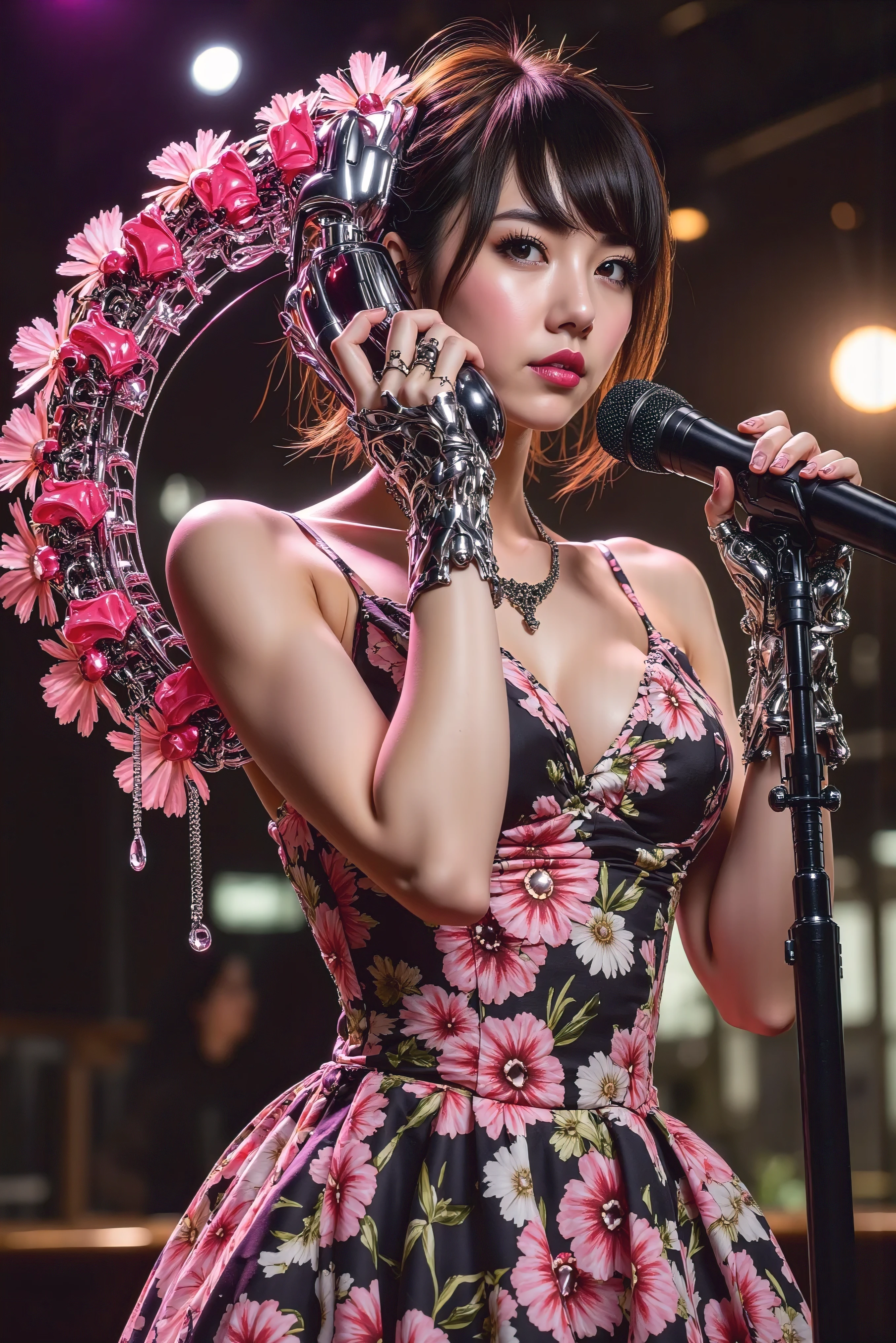 Ishikawa Ren ,Bar Singer, elegant floral dress, A human being made half of a machine, flower shaped machine, I'm holding the telephone handset with my right hand, is singing with his left hand holding a microphone, big breast