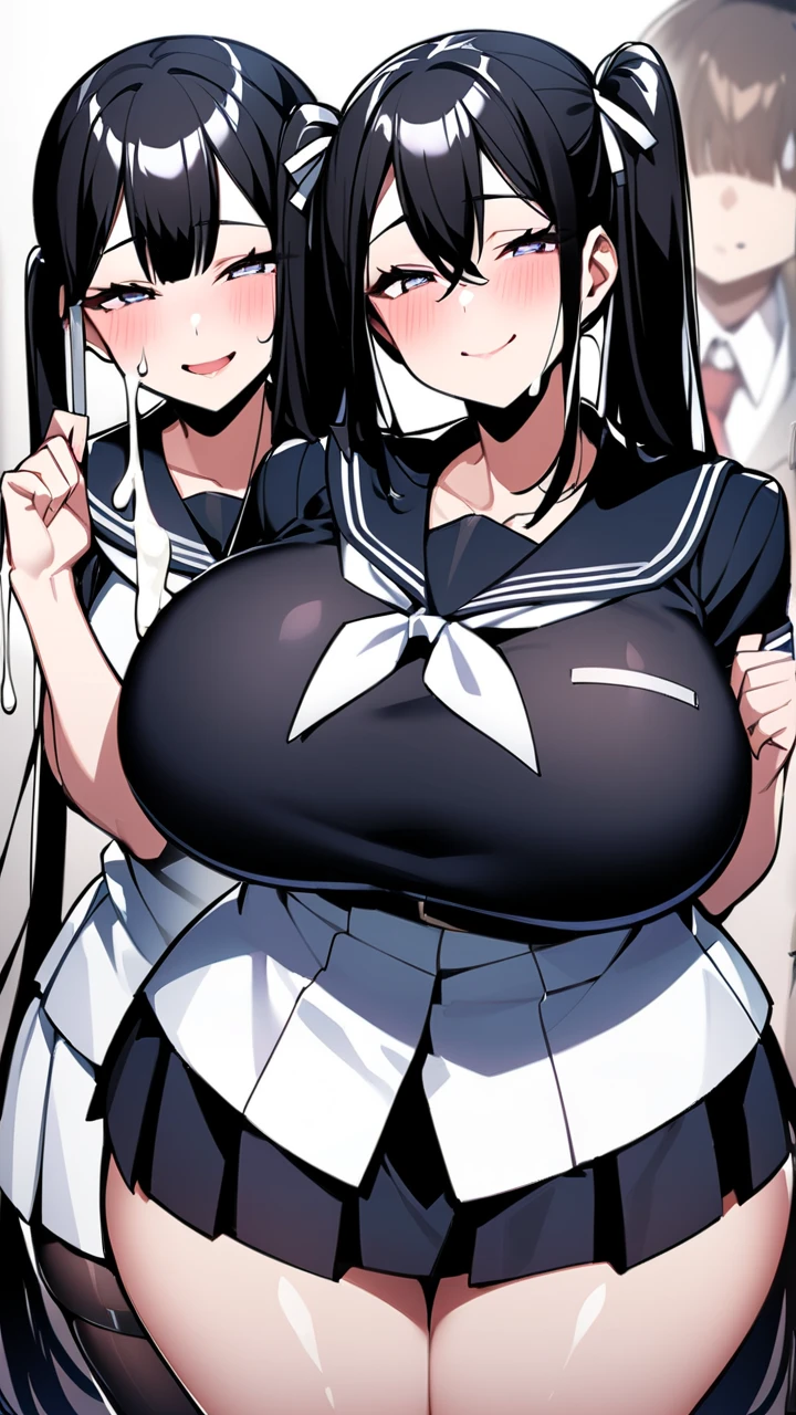 (open mouth:1.2), (long tongue:1.2), (mouth drool:1.2), highest quality,wonderful,finely,extremely detailed CG Unity 8K wallpaper, (tentacles sex), (2 large penis:1.2), (2 Girls, Black Hair, double bun), (gigantic breasts:1.1), (2 penis to nipple:1.2), (grabbing another's breast:1.3), (Sailor swimsuit:1.1), (topless:1.1), (black blindfold:1.7), (from front:1.3)