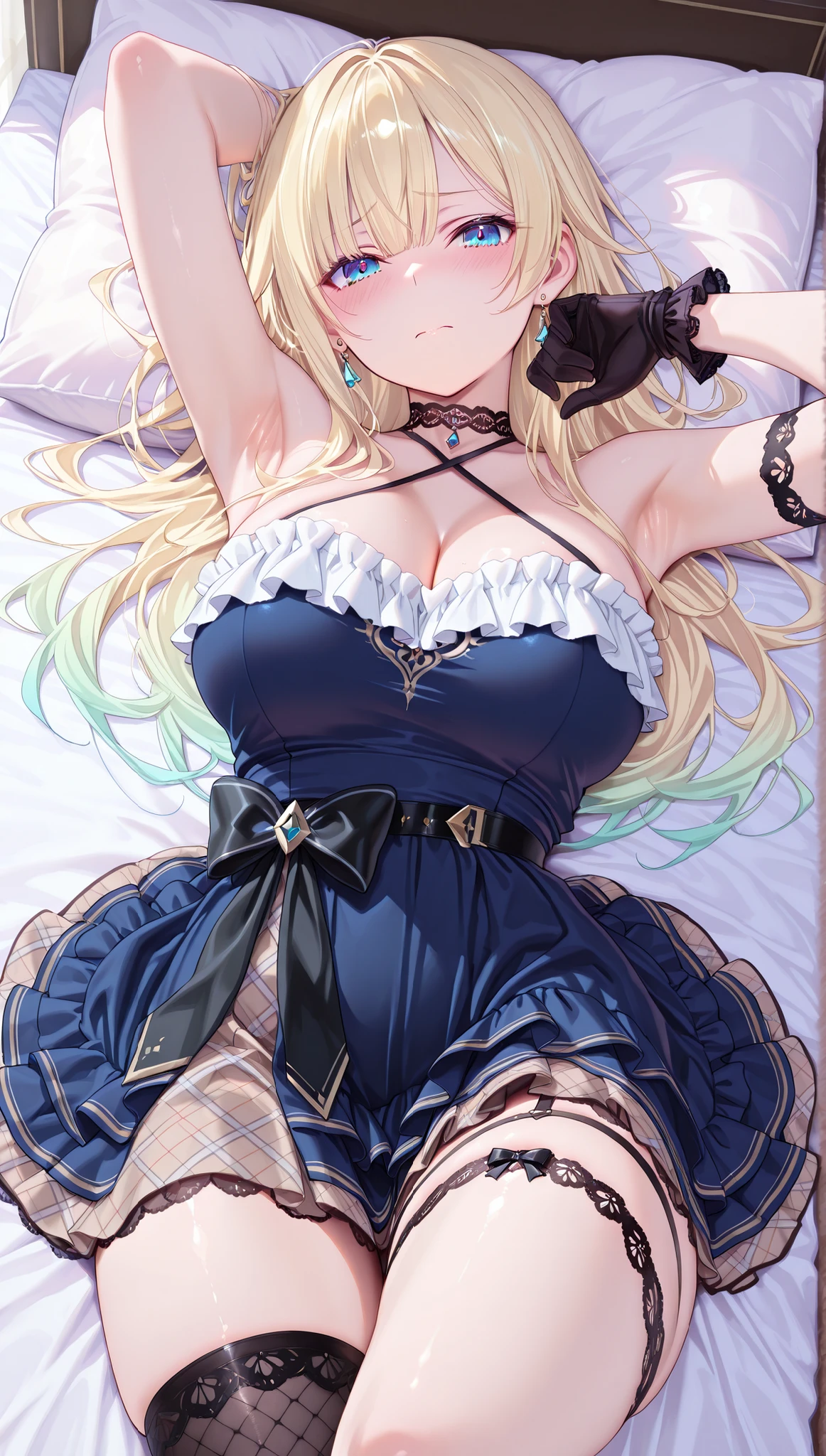solo,masterpiece,best quality,super fine illustration、finely detail 、clear picture、UHD、HDR, amazing quality, highres, absurdres, very aesthetic, high resolution, ultra detailed, perfect details,vspoema,large breasts,blue eyes,blonde hair,gradient hair,long hair,earring,vspoemacos,blue dress,criss-cross halter,chest frills,waist black bow,layered skirt,plaid skirt,single thigh band,lace thigh band,single thighhigh,black thighhigh,fishnet,lace choker,mature female、looking at viewer,(masterpiece, detailed:1.2),white shoulder straps,、lie on own back,armpit focus,embarrassed