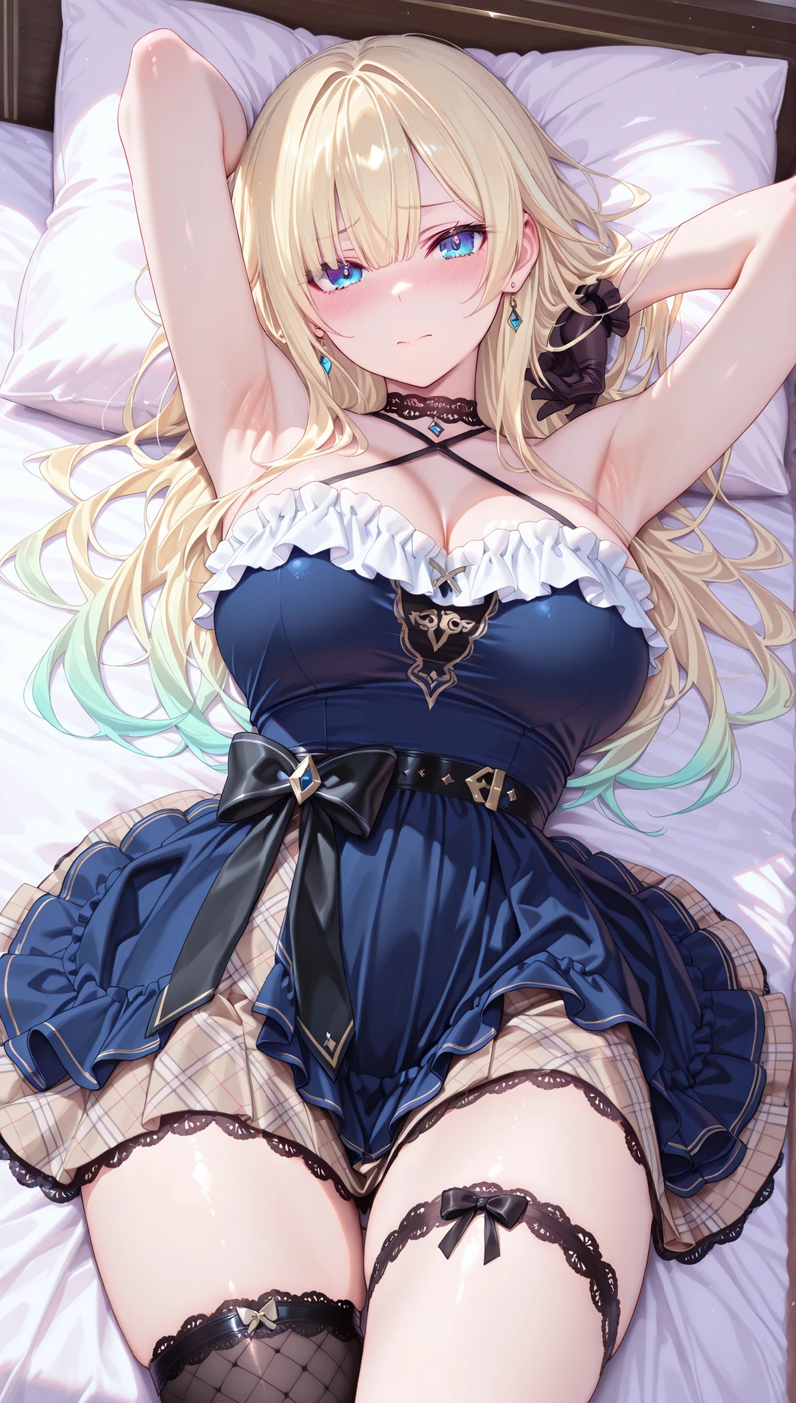 ((Masterpiece, Highest quality, Ultra-detailed, 8k)), whole body、 One Girl, Blue and white striped thigh-high socks、Alice in Wonderland、Black Head Ribbon、Shiny, shiny, super long, straight blonde hair、She may be very young, but her face is as perfect as a work of art.、Bright expression、Big, round blue eyes、Open your mouth、Very large breasts、Clothes that emphasize large breasts、White frilly apron、Blue fluffy dress、girls black shoes、