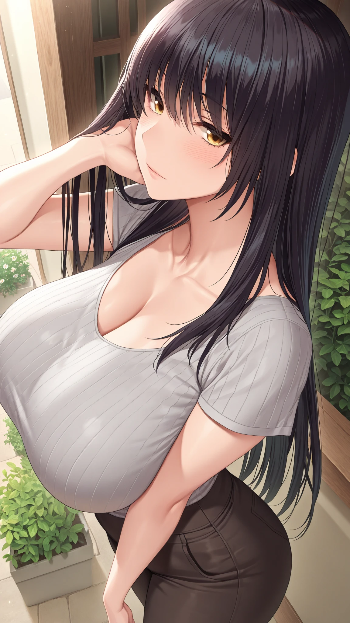 1 milf, long black hair, very big breasts, smiling, blushing