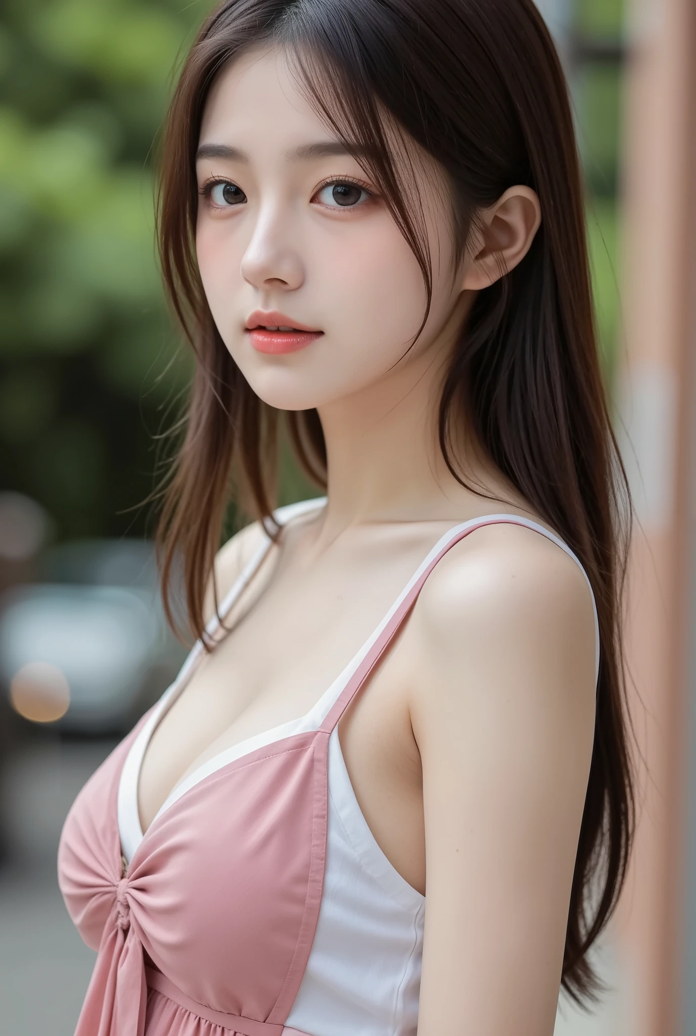 A 20-year-old woman with the cute face of an idol who looks 15 years old.。Gentle and cute。She is crying and the tears are running down her cheeks。Her bust is a little large in a bikini　A beautiful park with lots of cherry blossoms　Raw photo　Real　Genuine　Real Life　No copyright notice