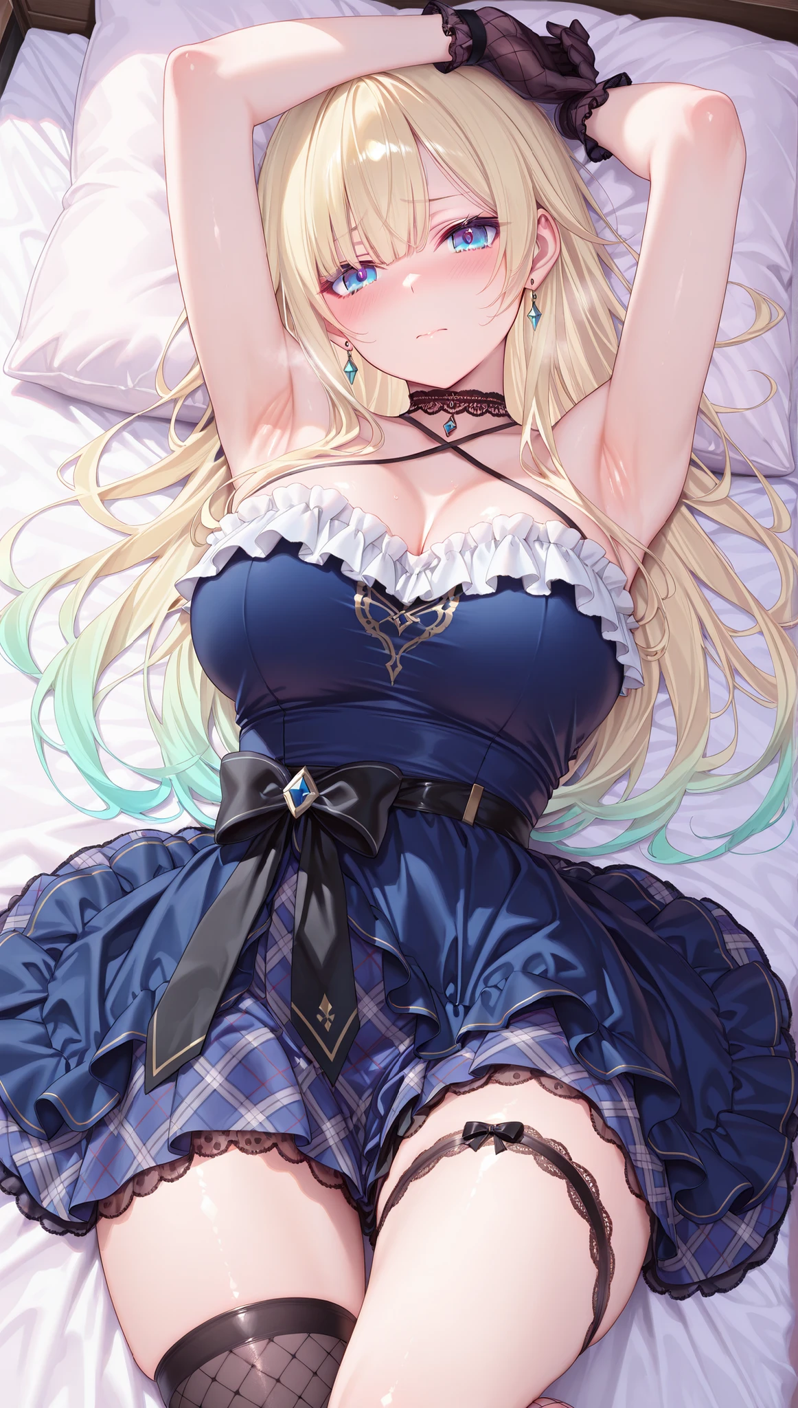beautiful girl、perfect body、beautiful ample breasts、Blonde Long Straight Hair、((embellished sexy dress))、spread your legs wide、((Lying、after sex、Covered in semen))