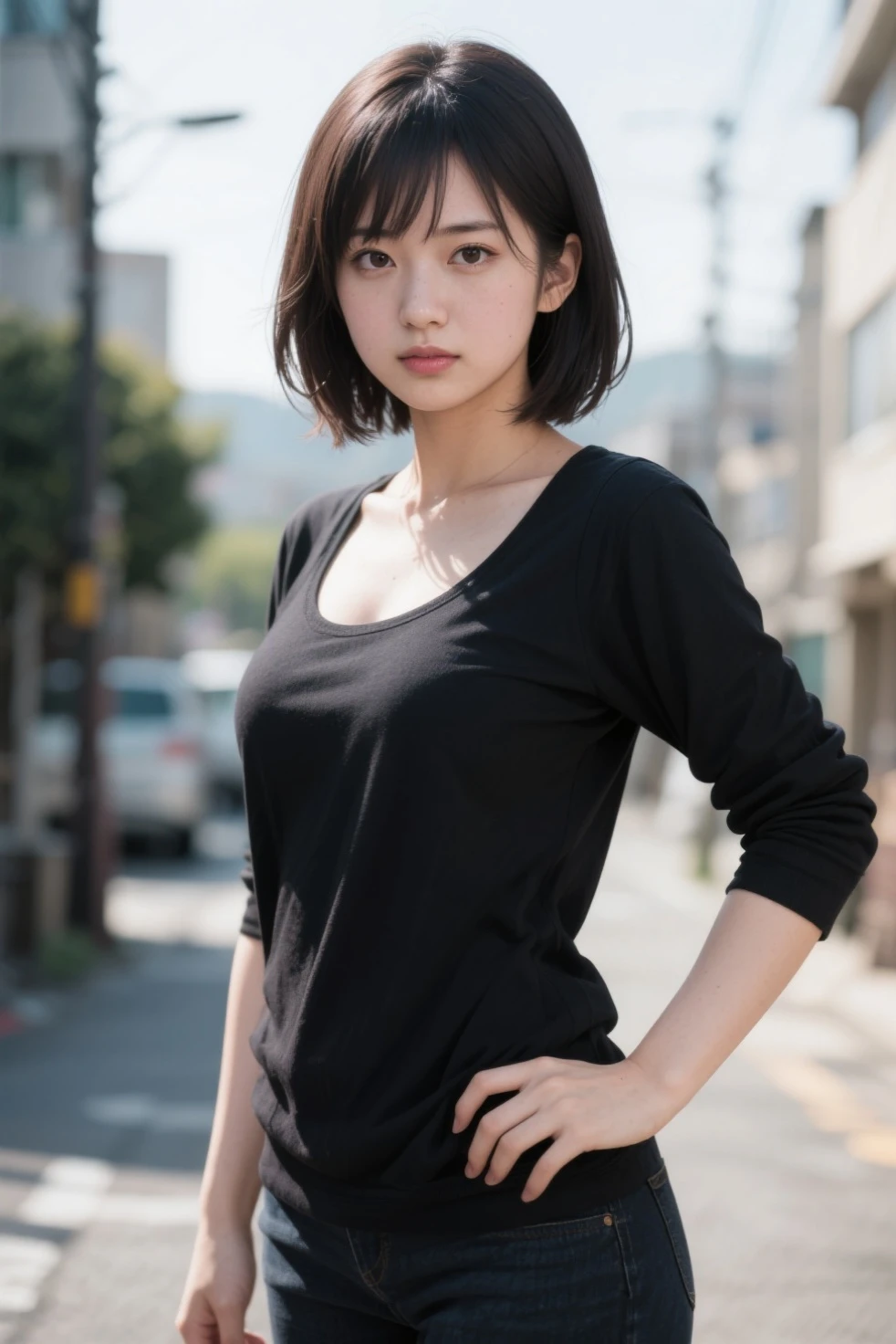 1girl, meiwashio_jav, large breasts, parted lips, bangs, brown eyes, short hair, jewelry, <lora:JAV_mei_washio_v1_epoch_12:0.8>
wearing bike jacket and tshirt, pencil skirt, thighhighs,
looking at viewer, shot using canon DSLR,
detailed body, attractive body, perfect human body, realistic face,
(ultimate quality, masterpiece, highres:1.0), realistic:1.6, photorealistic,