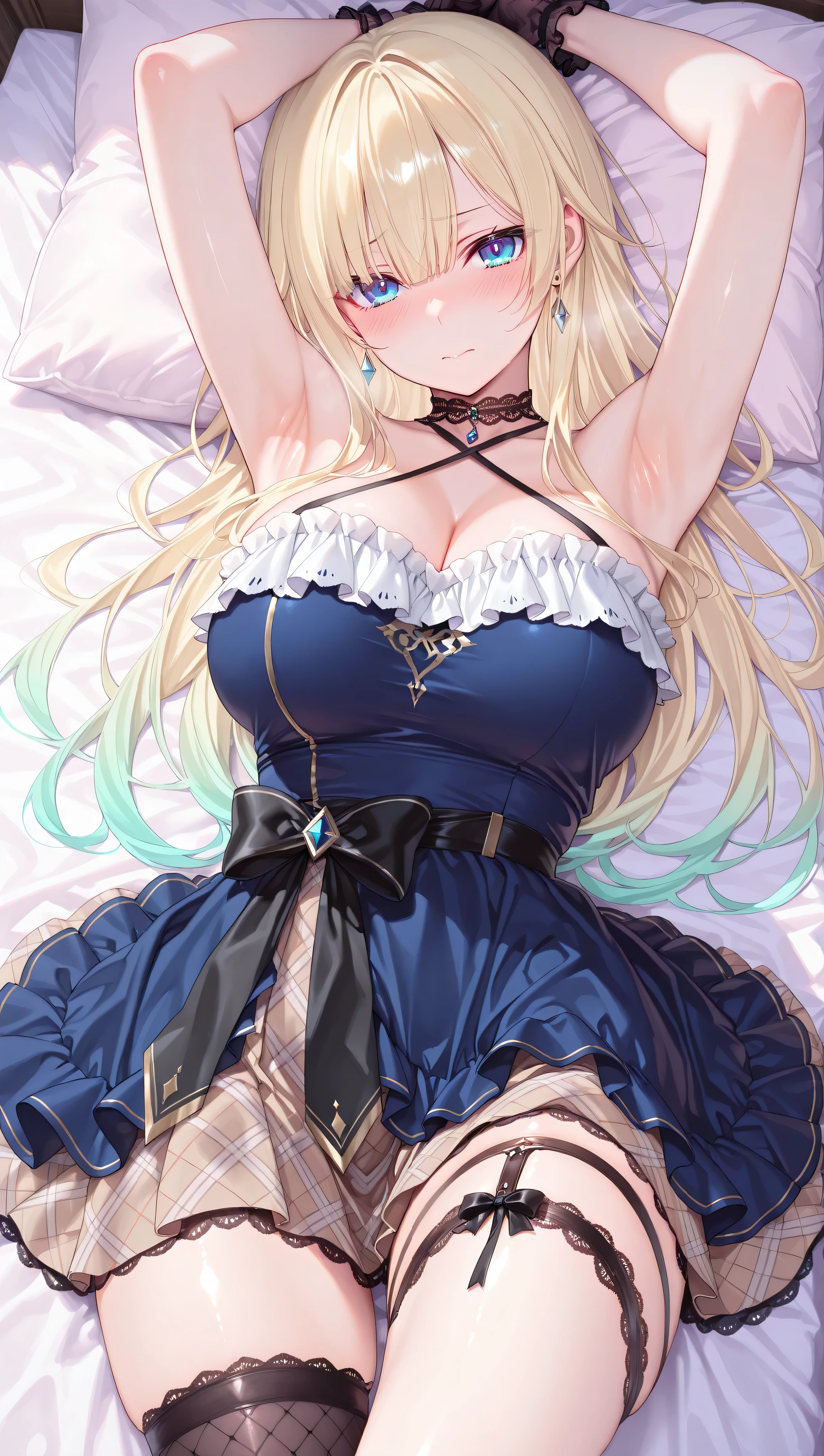 solo,masterpiece,best quality,super fine illustration、finely detail 、clear picture、UHD、HDR, amazing quality, highres, absurdres, very aesthetic, high resolution, ultra detailed, perfect details,vspoema,large breasts,blue eyes,blonde hair,gradient hair,long hair,earring,vspoemacos,blue dress,criss-cross halter,chest frills,waist black bow,layered skirt,plaid skirt,single thigh band,lace thigh band,single thighhigh,black thighhigh,fishnet,lace choker,mature female、looking at viewer,(masterpiece, detailed:1.2),white shoulder straps,、lie on own back,armpit focus,embarrassed
