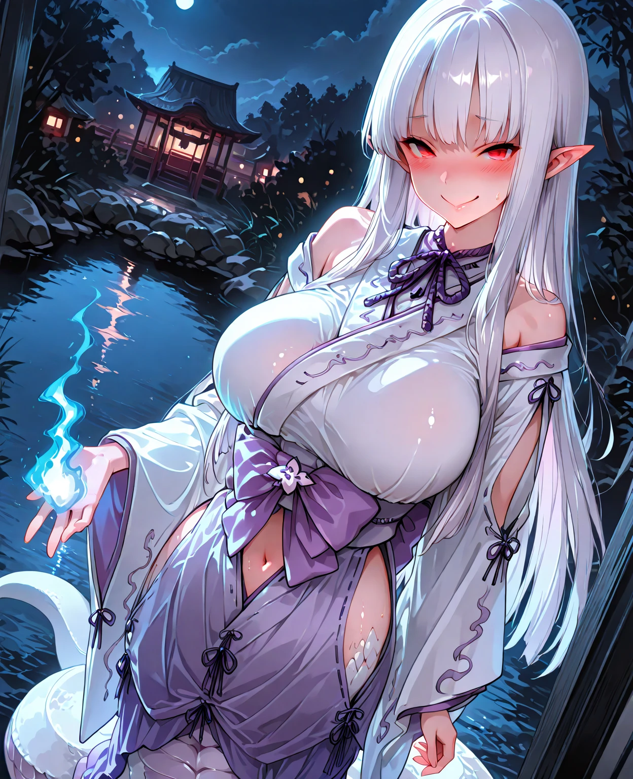 night,old,Shineオーラ,moon,star,Red shiny edges,water surface,autumn,in the forest,Emitting an aura,Shine,fine particles of light,water surfaceにmoonが写る,Japanese style, Hot spring with ocean view,Natural stone floor,(Big bath),Filled with hot water,Rich natural environment,(steam),(immerse:1.2),(take a bath:1.2),
((Lie on back)),open legs wide, spread legs, (angle from below:1.2),
nsfw, bewitching pose, (((vulgarity))), sweat,Dripping water,My whole body is wet,heavy breathing, humid, FOG,(Stuffy armpits:1.2), pubic hair, (completely nude),
One girl,gran blue fantasy,Azusa,ponytail,((White corner:1.4)),Beautiful and elaborate face,(Huge hips:1.1),(Huge breasts:1.3),
Perfect Eyes,Beautiful Eyes,Symmetrical eyes,Big eyes:1.5,Seductive eyes,Long Hair,(White big horn:1.4),Red Eyes,(Shiny silver hair),
Long Hair,(White big horn:1.4),Red Eyes,(Shiny silver hair),jewelry,Gold earrings,(Realistic eyes, Natural skin texture, Realistic facial details),
glamorous_expensive_Tight waist_Long legs,curve,Cleavage,
((Highest quality)),High resolution,Sharp focus,(Super detailed,Very detailed),{best illustration},(complete anatomy),Perfect Fingers,
(Very detailed CG unity 8k wallpaper),(((Vibrant colors))),Anime Style,
gleaming skin,Natural skin texture 鮮明な詳細,
shiny 肌,very shiny 肌,Shiny body,plastic glitter 肌,exaggerated shiny 肌,illuminated 肌,