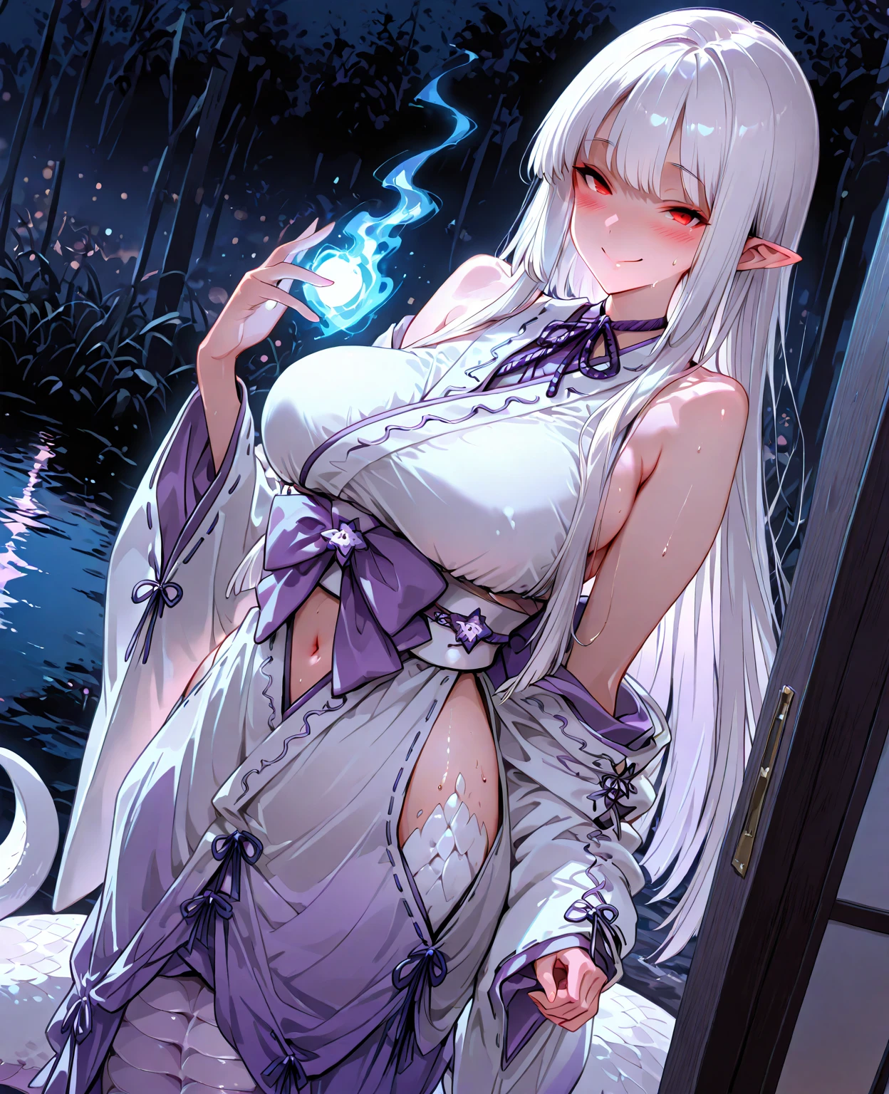 Masterpiece, 1girl,solo,huge breasts, ghost costume , (hitodama) ,night, tombstone, graveyard, long sleeves, very long sleeves, , ghost, pale skin,, off shoulder, cleavage, no bra, (((extremely long white hair))), lying on ground by tombstone, bare legs, shredded tattered clothes, curvy wide hips, massive breasts, chubby thighs, (((beautiful bright pink anime eyes))), japanese graveyard, from above, full lips, beautiful mature face, MILF
